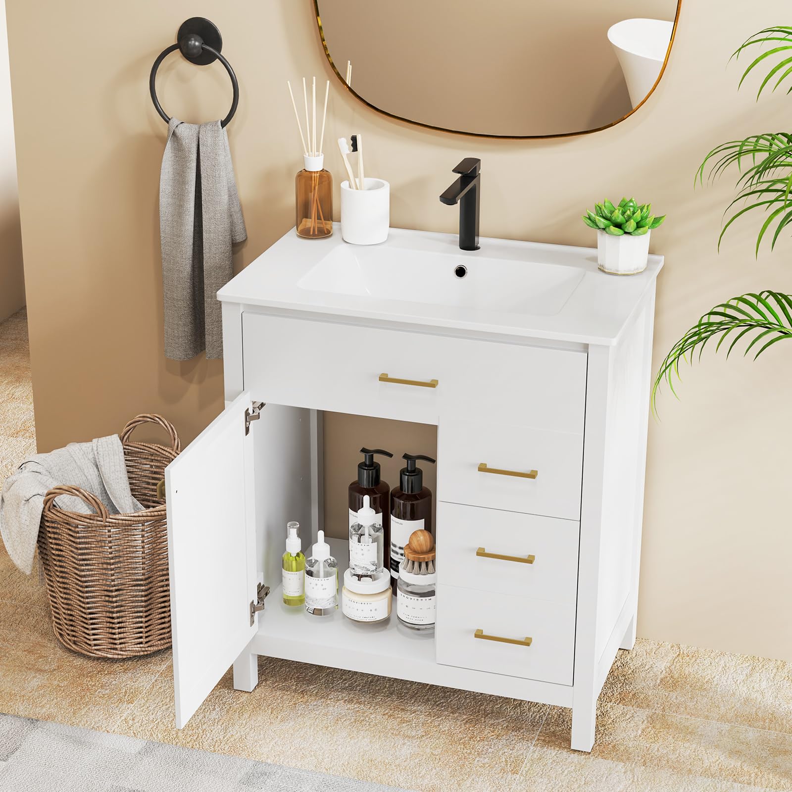 LIFEZEAL Badezimmerschrank mit Waschbecken, Waschbeckenunterschrank mit Keramikspüle, 2 Schubladen und Türen, Waschbeckenschrank Weiß 76 x 46,5 x 86 cm