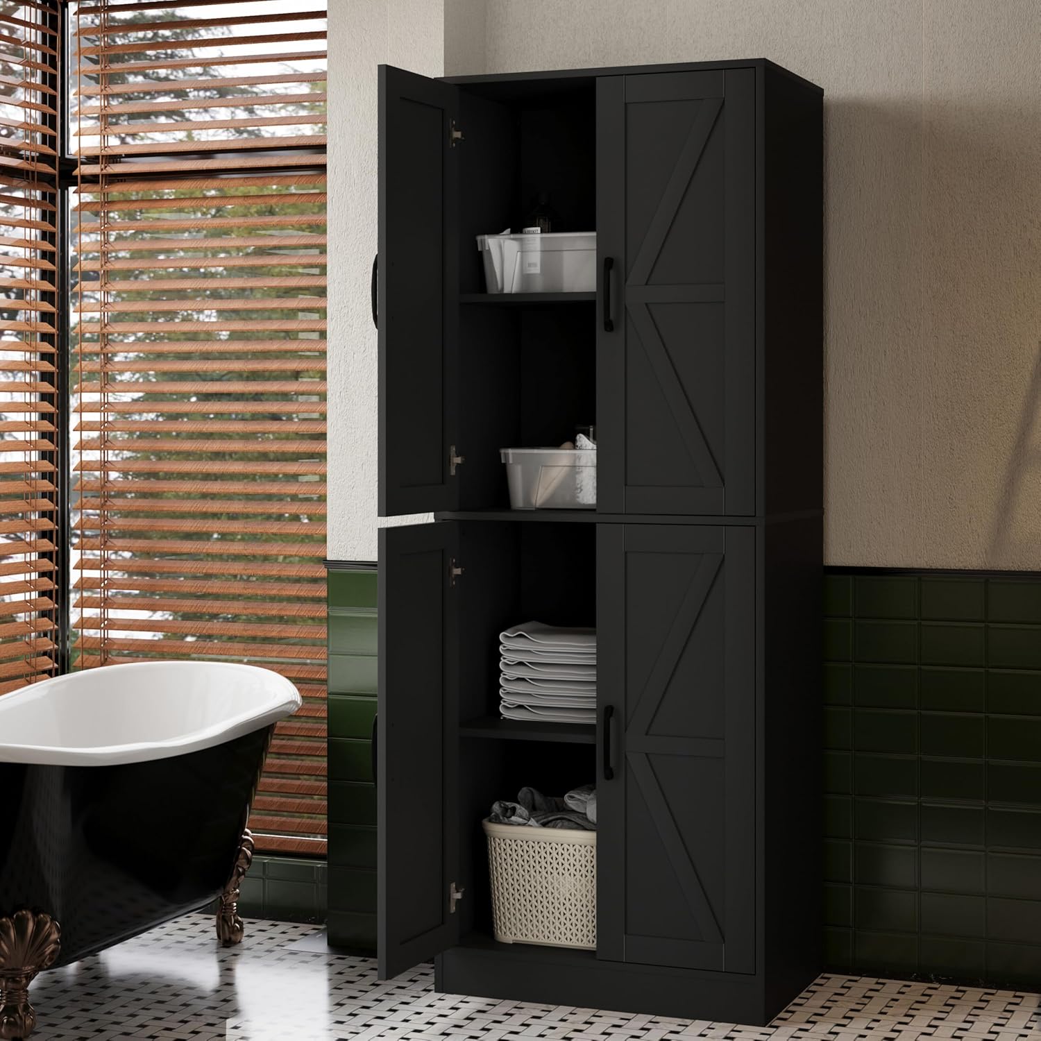 Farmhouse Storage Cabinet - Pantry Cabinet with 4 Doors, Tall Kitchen Pantry with Adjustable Shelves, Organizer, Black Storage Cupboard for Kitchen Dining Room Bathroom