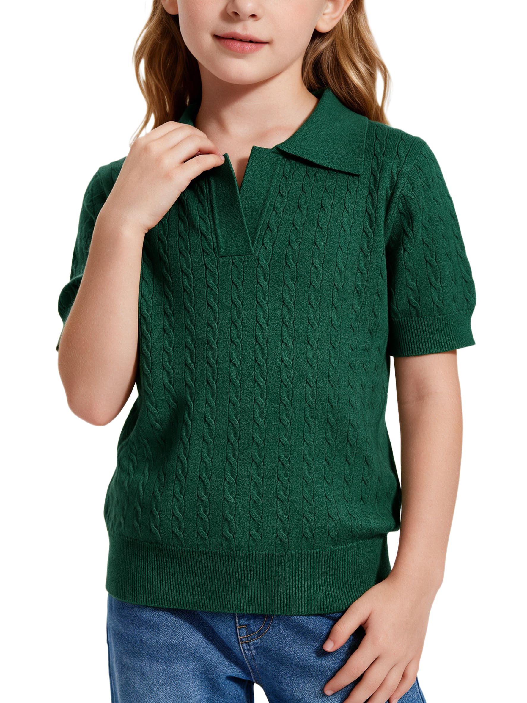 Girls Short Sleeve Polo Shirt Summer Knit School Uniform Blouse V Neck Cable Pullover Sweater Tops 5-14 Years