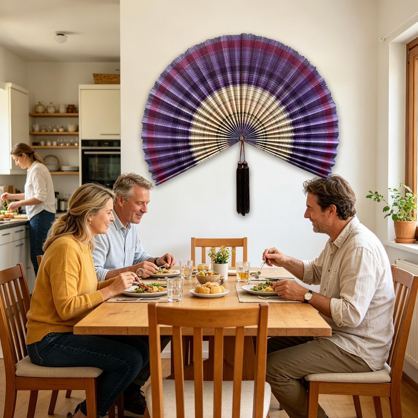 Fan Wall Art - 102 cm wiszące składane ozdoby, dekoracyjny wentylator ścienny z frędzlami - do salonu, sypialni, nad łóżko, akademik, biuro, hotel, restauracja