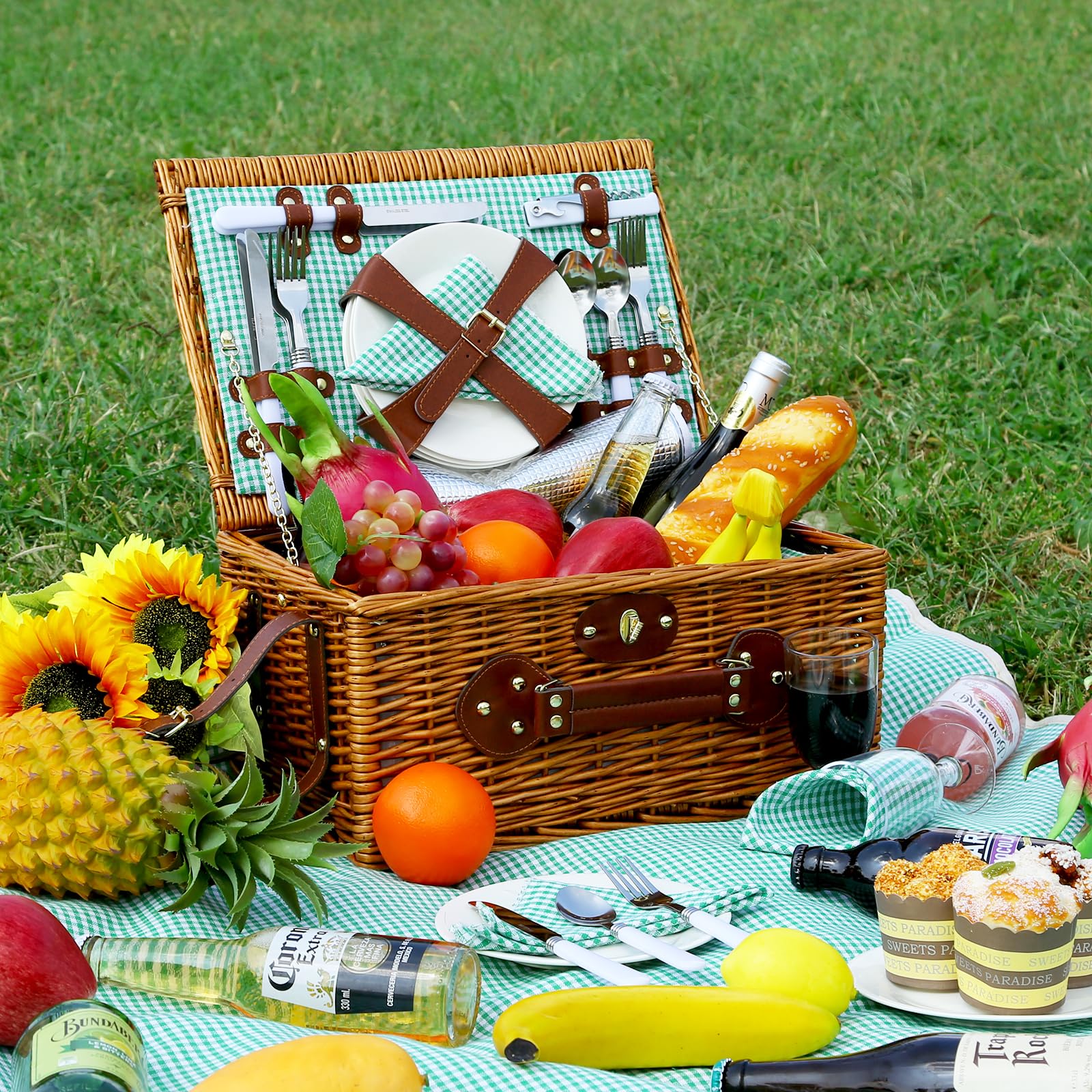 Juego de cesta de picnic para 4 personas con compartimento refrigerador y manta de picnic impermeable, correa extraíble, bolsa de vino, juego de cubiertos, para camping, playa, senderismo,