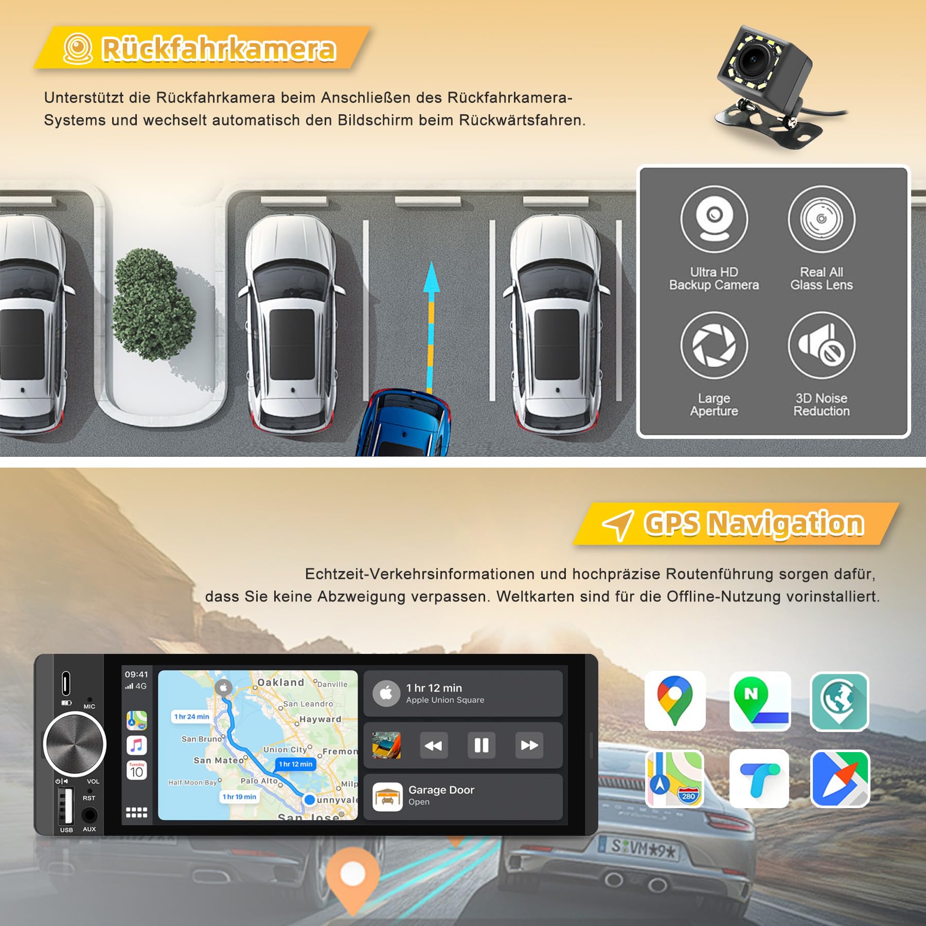 Autoradio mit Bildschirm, Single-DIN, Kabelloses CarPlay und Android Auto, 6,28-Zoll-Touchscreen mit Bluetooth, WLAN, MirrorLink, FM-Radio, Lenkradsteuerung, Equalizer, USB-C-Anschluss, Rückfahrkamera