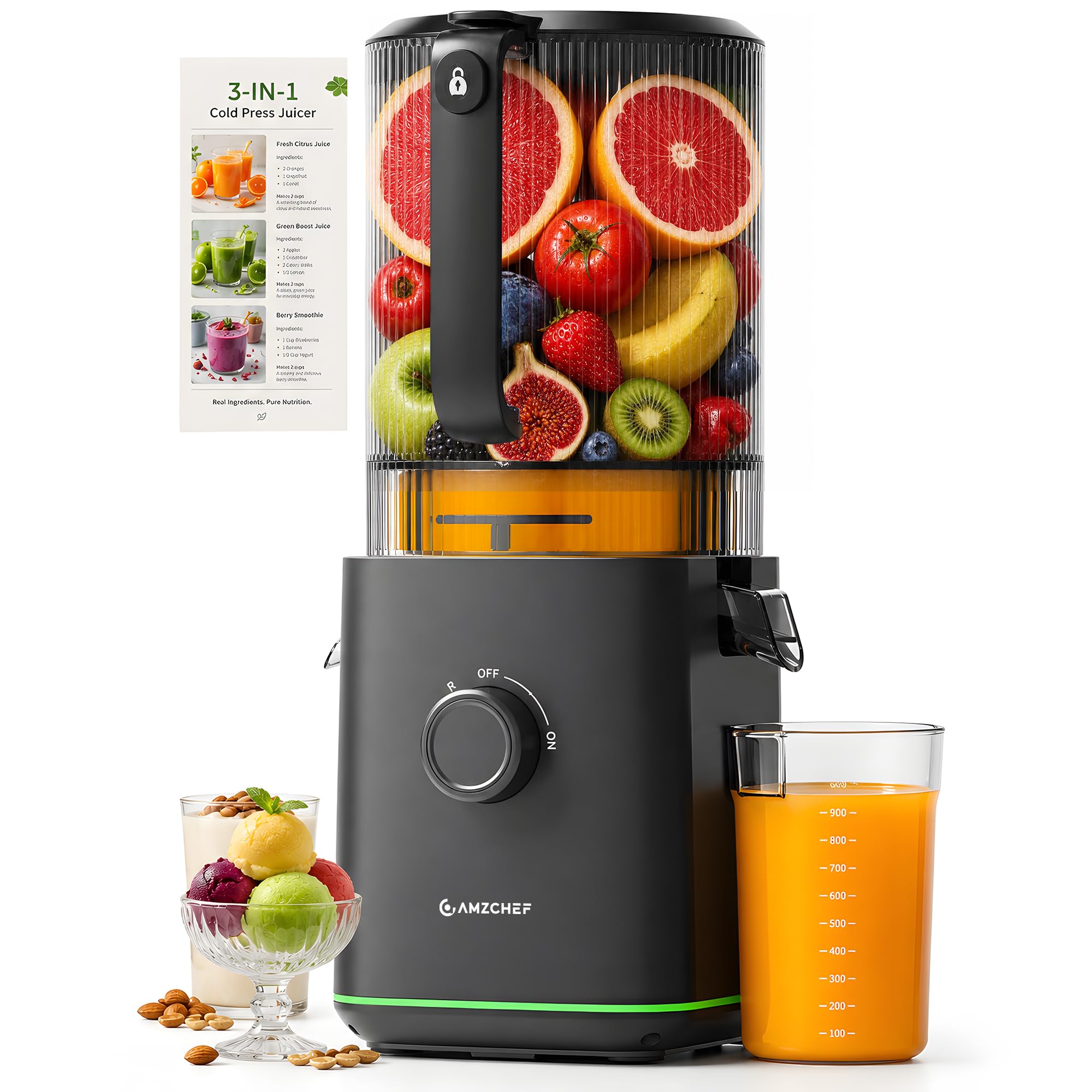 AMZCHEF Cold Press Juicer, 6.5" Whole Fruit Self-Feeding Slow Juicer