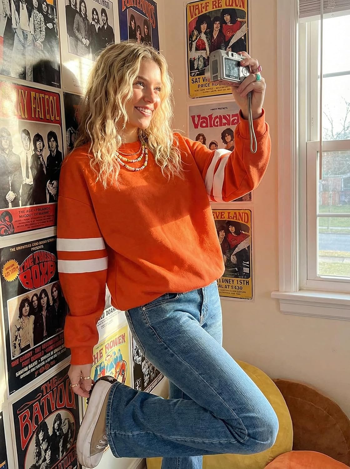 KevaMolly Womens Varsity Striped Oversized Sweatshirt Drop Shoulder Long Sleeve Casual Fashion Pullover Top - Image 2