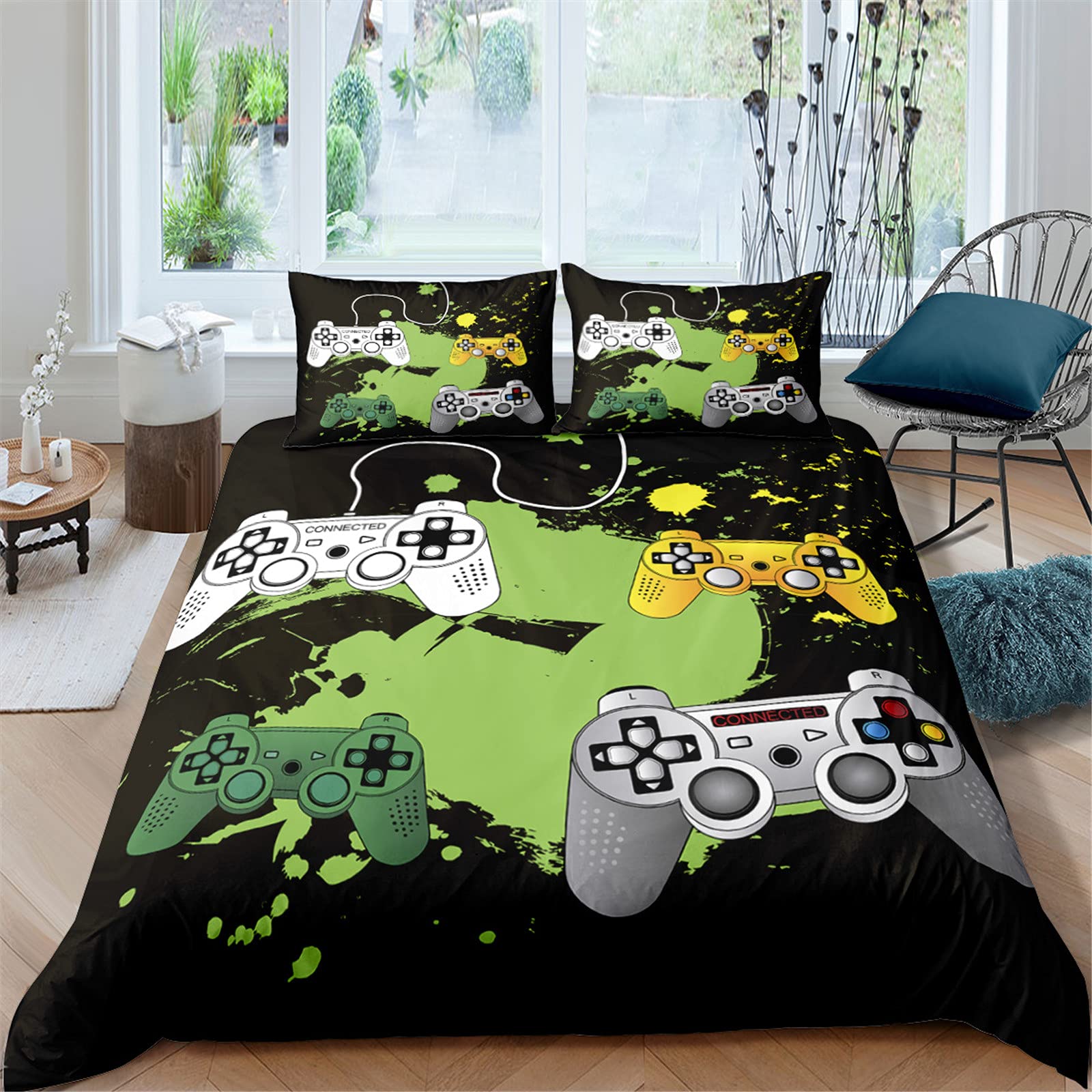 Meiju-Shop Men's Green Graffiti Meiju 2/3 Piece Bedding Duvet Cover Set For Single Double King Size, 3D Gamepad Print Bedding Set Soft Microfibre Duvet Sets With Zipper Quilt Cover + Pillowcases (,180X210cm)