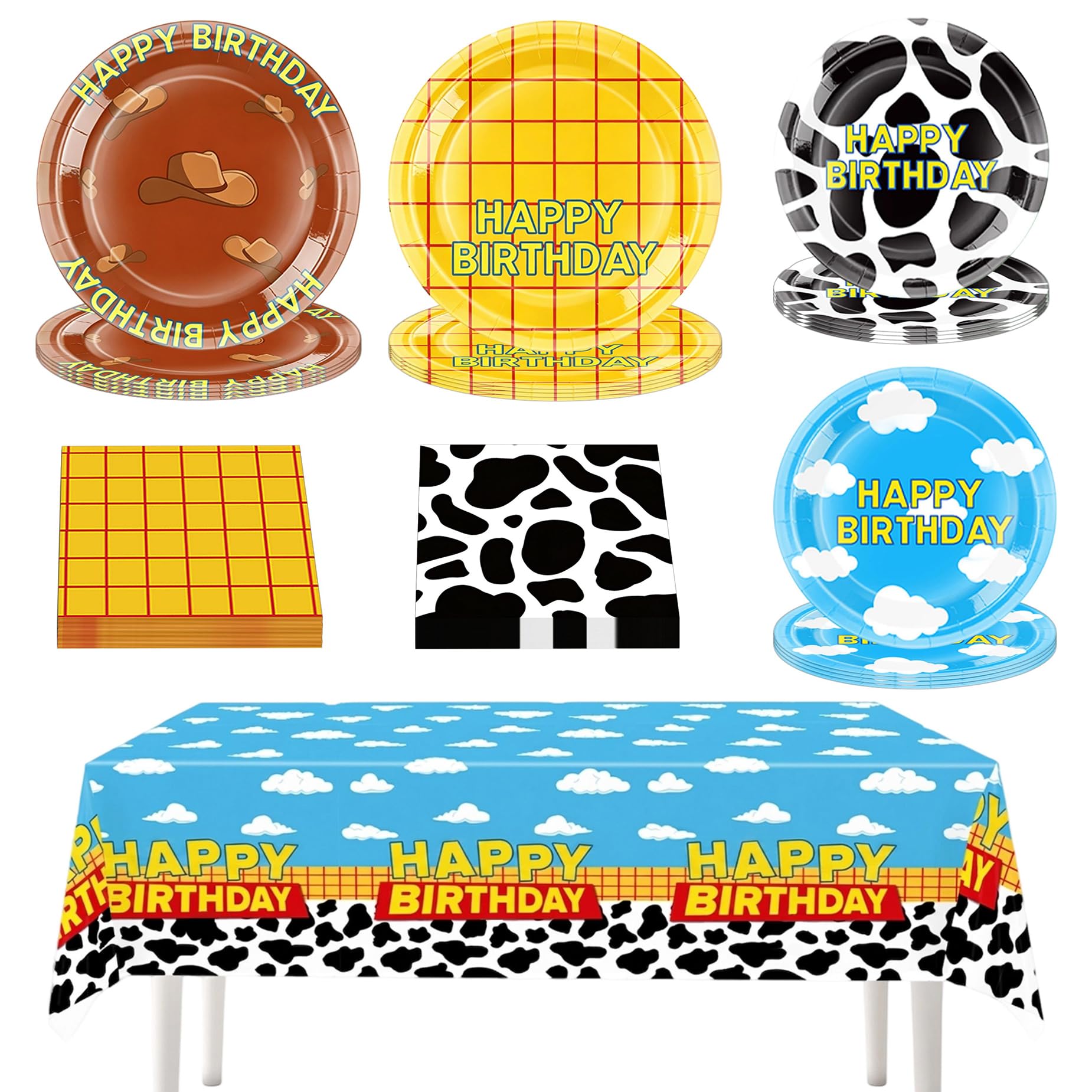 Cartoon Story Party Tableware Set Birthday Decorations, Blue Sky White Cloud Cow Cowboy Hat Yellow Grid Plates Napkins Tablecloth Cartoon Birthday Party Supplies for 10