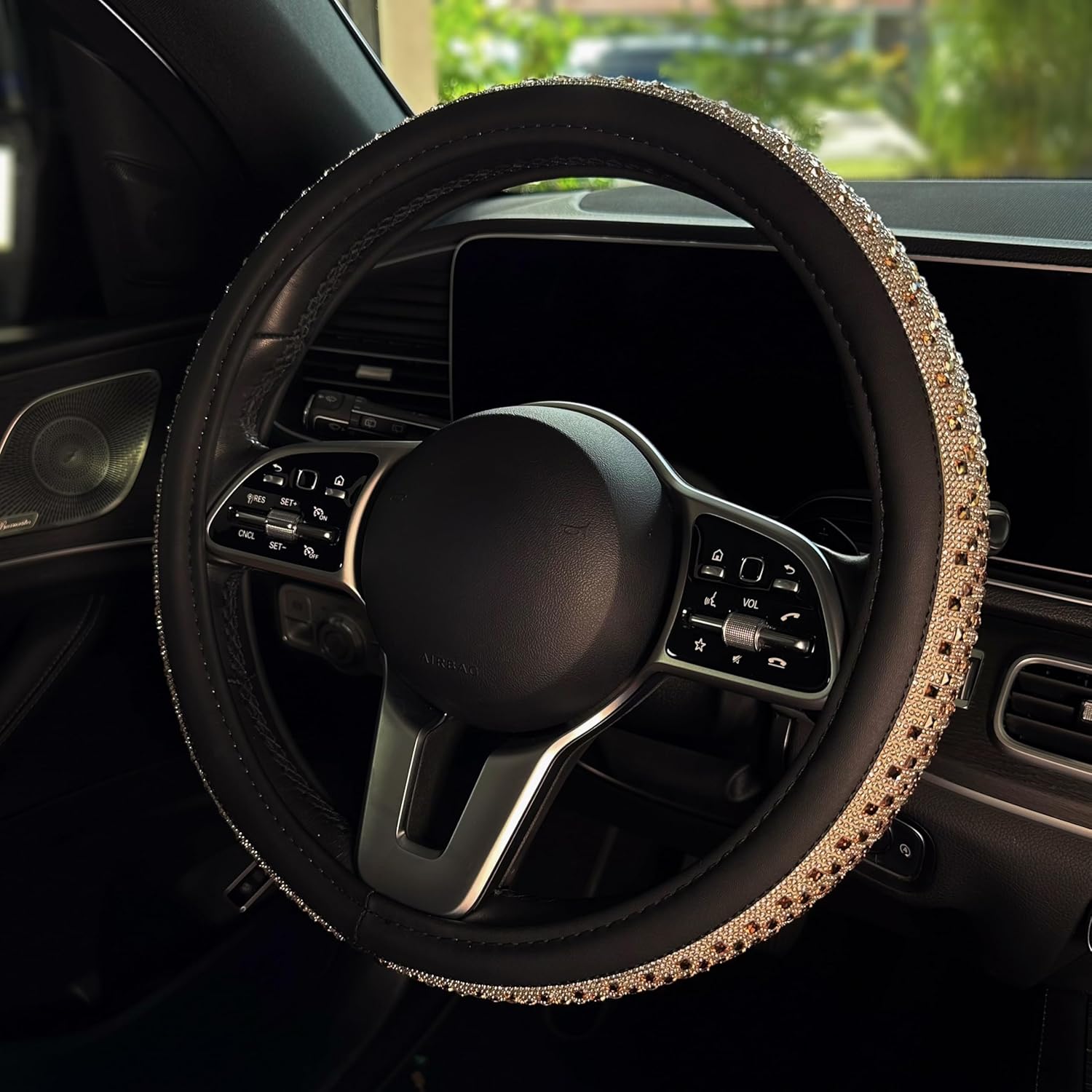 Lord AutoFashion 15 Inch Luxury Universal Steering Wheel Cover Rhinestone Crystals Anti-Slip Microfiber Leather for Women Girls Men Boys Car Accessory Bling Diamonds Gold (JX06)