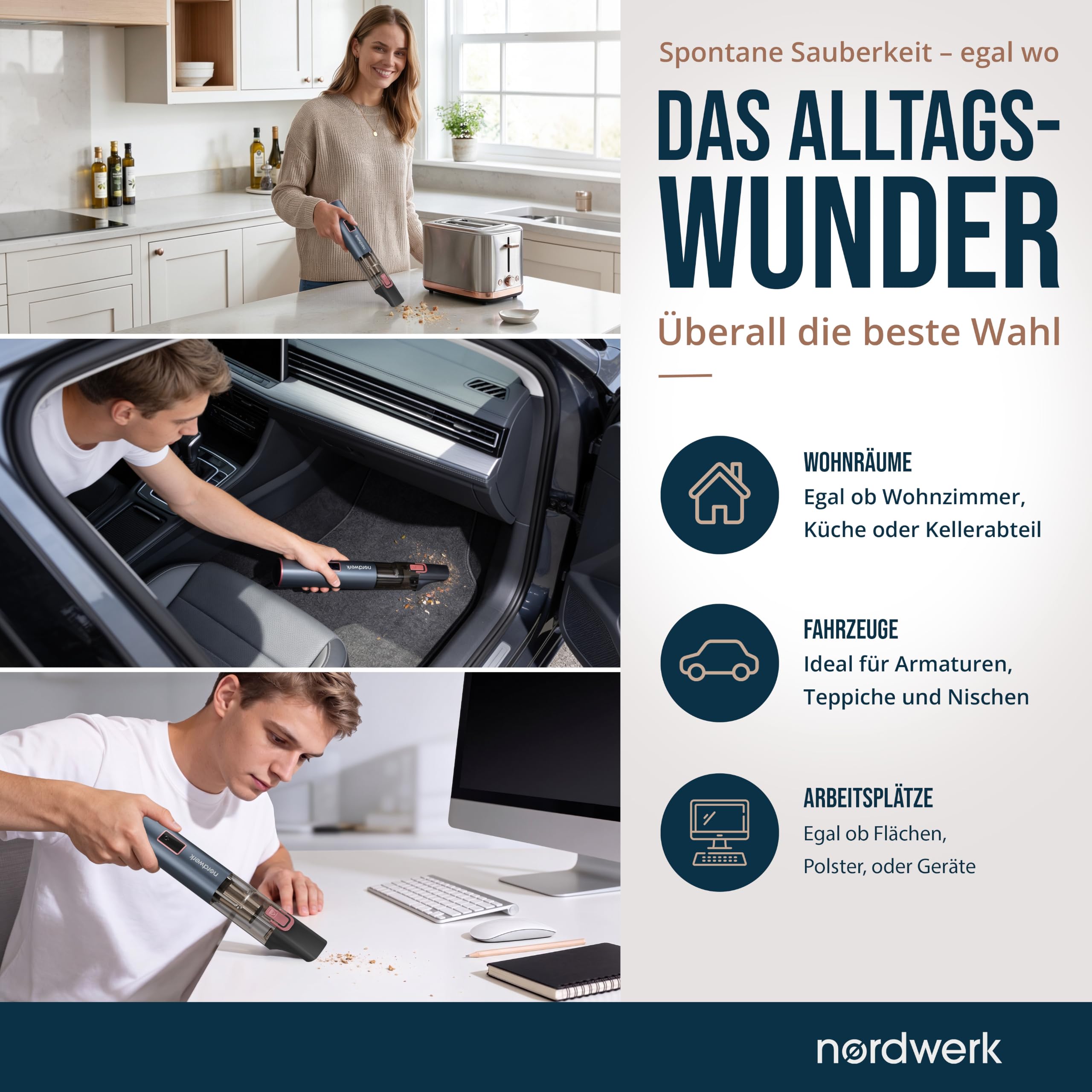 Akku Handstaubsauger Nordwind Flex für Haushalt & Auto, kabellos | starker Mini Staubsauger mit HomeDock® Ladestation, DeepReach Cleaning System®, Bürste für Tierhaare & Extra-Zubehör