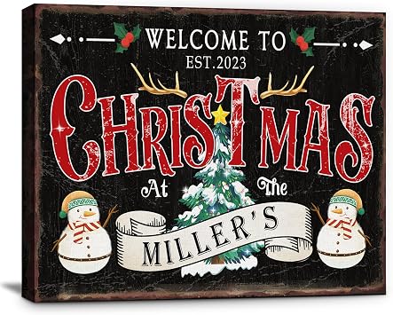Hetano Personalized Vintage Welcome To Christmas Canvas Sign Rustic Farmhouse Wall Art Customizable Family Name Christmas Indoor Home Decoration Gift 20x16