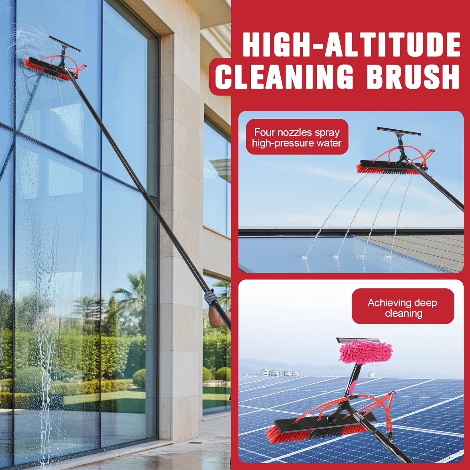 Water Fed Pole Brush Kit Height Adjustable Solar Panel Cleaning Brush Kit with 180° Rotating Brushhead for Solar Panel Roof Car