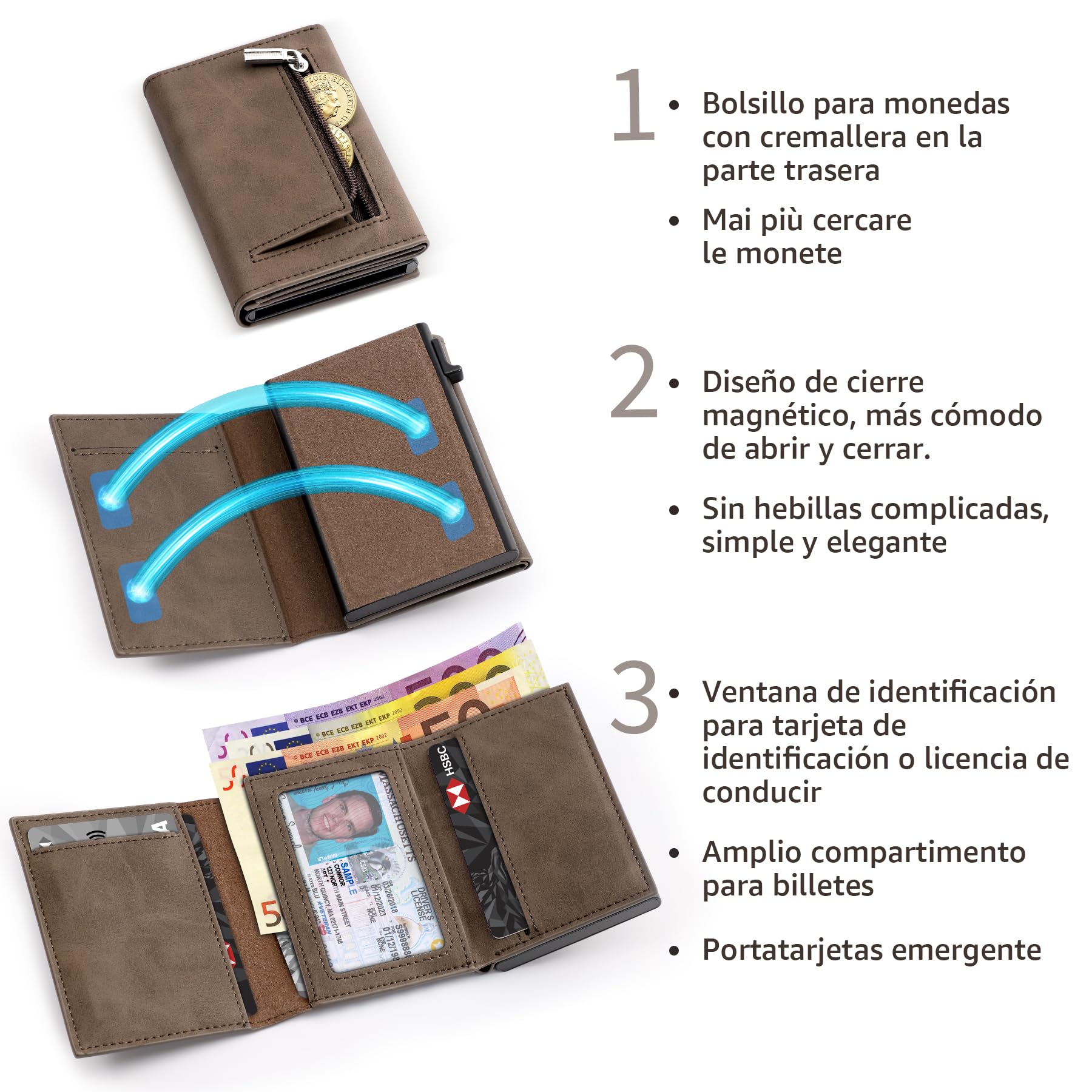 Cartera Hombre Cuero Bloqueo RFID Cierre Magnético Tarjetero 8 Ranuras Marrón