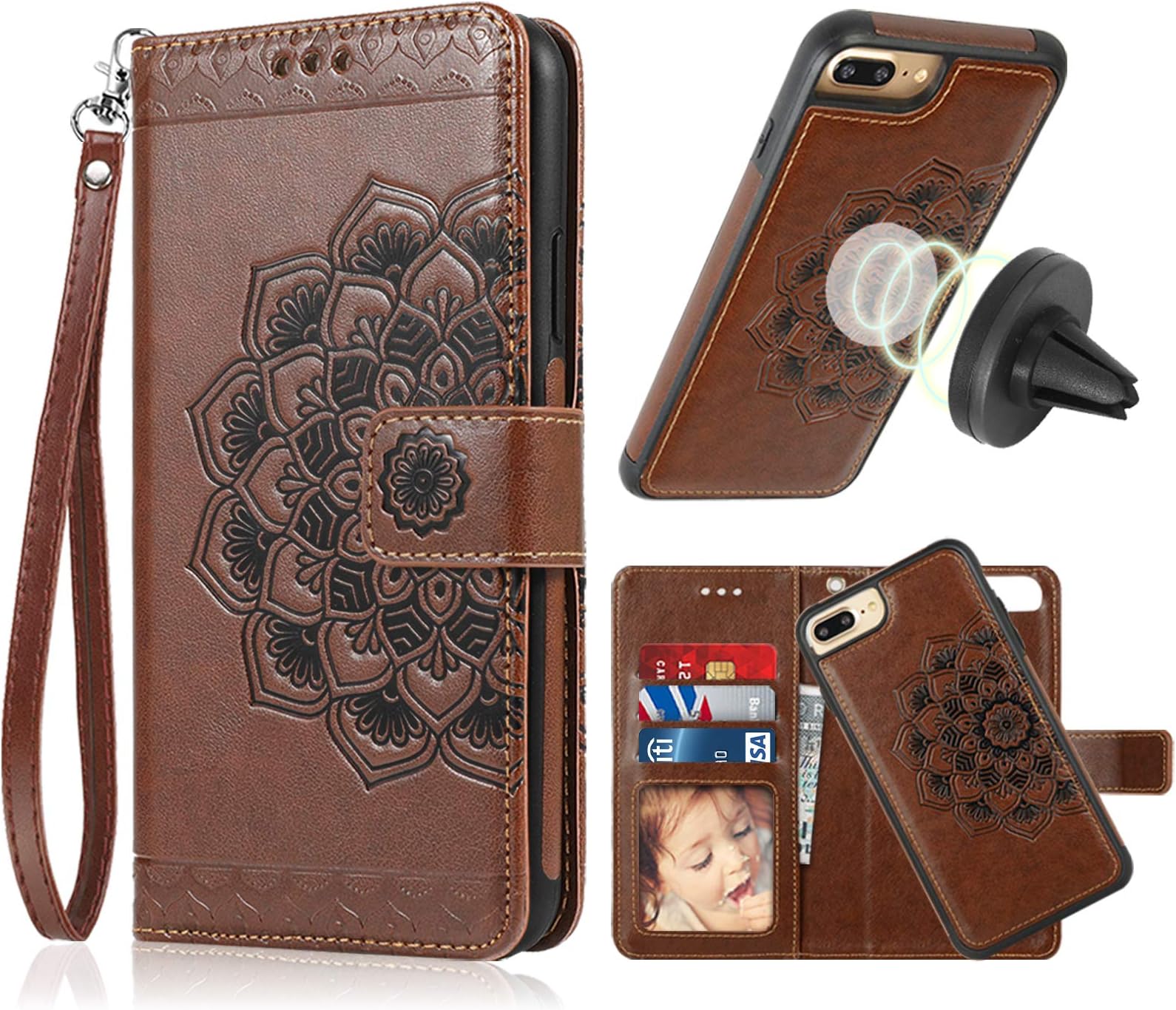 CASEOWL iPhone 8 Plus Case,iPhone 7 Plus Flip Embossed Leather Wallet Cases with Protective Detachable Slim Case Fit Car Mount, Mandala Flower Design with Card Slots,Strap for iPhone 7/8 Plus[Brown]
