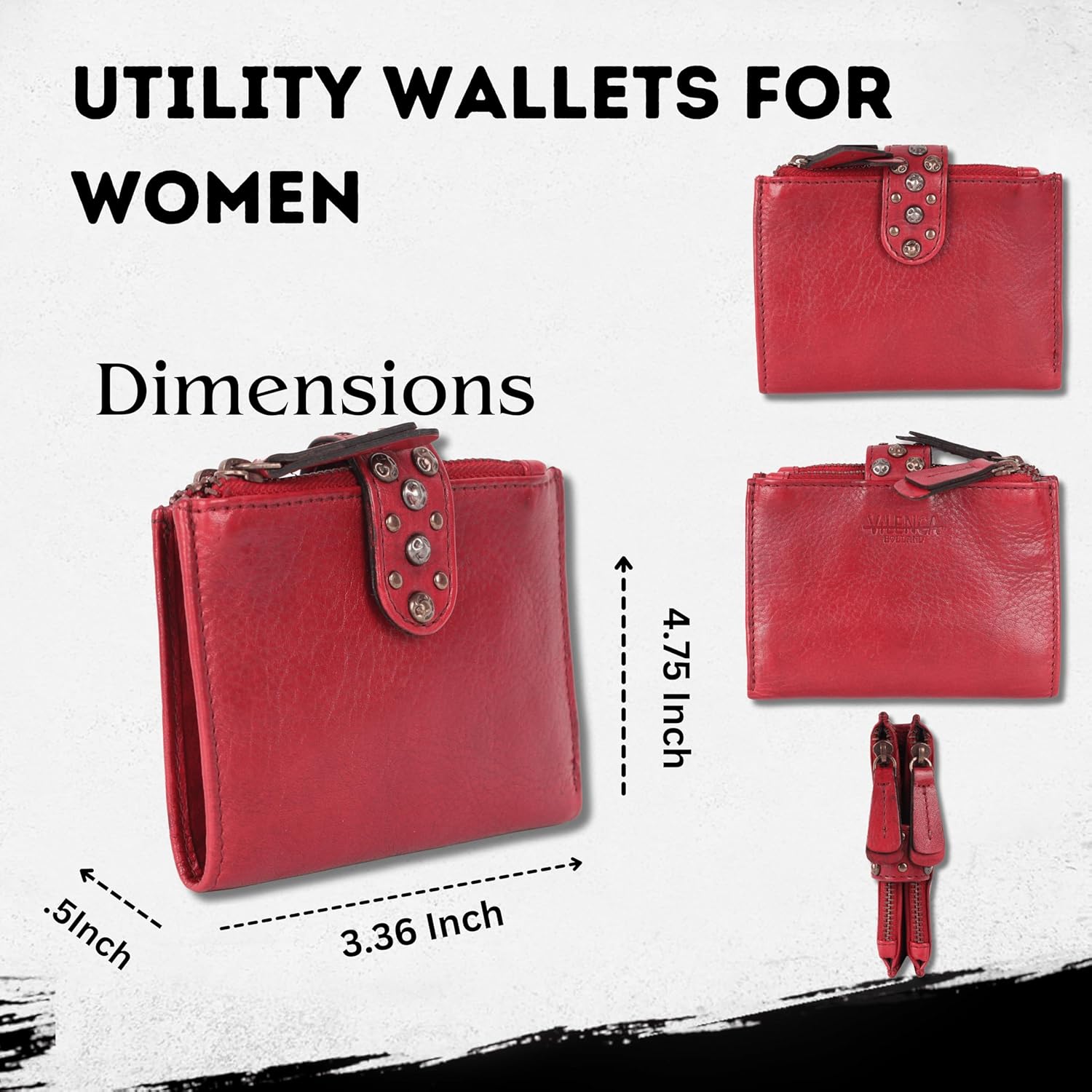 4.75 Inch Genuine Italian Leather Boho Studded Bifold Wallet – Zipper Coin Purse & Credit Card Holder for Women (Red) - Image 3