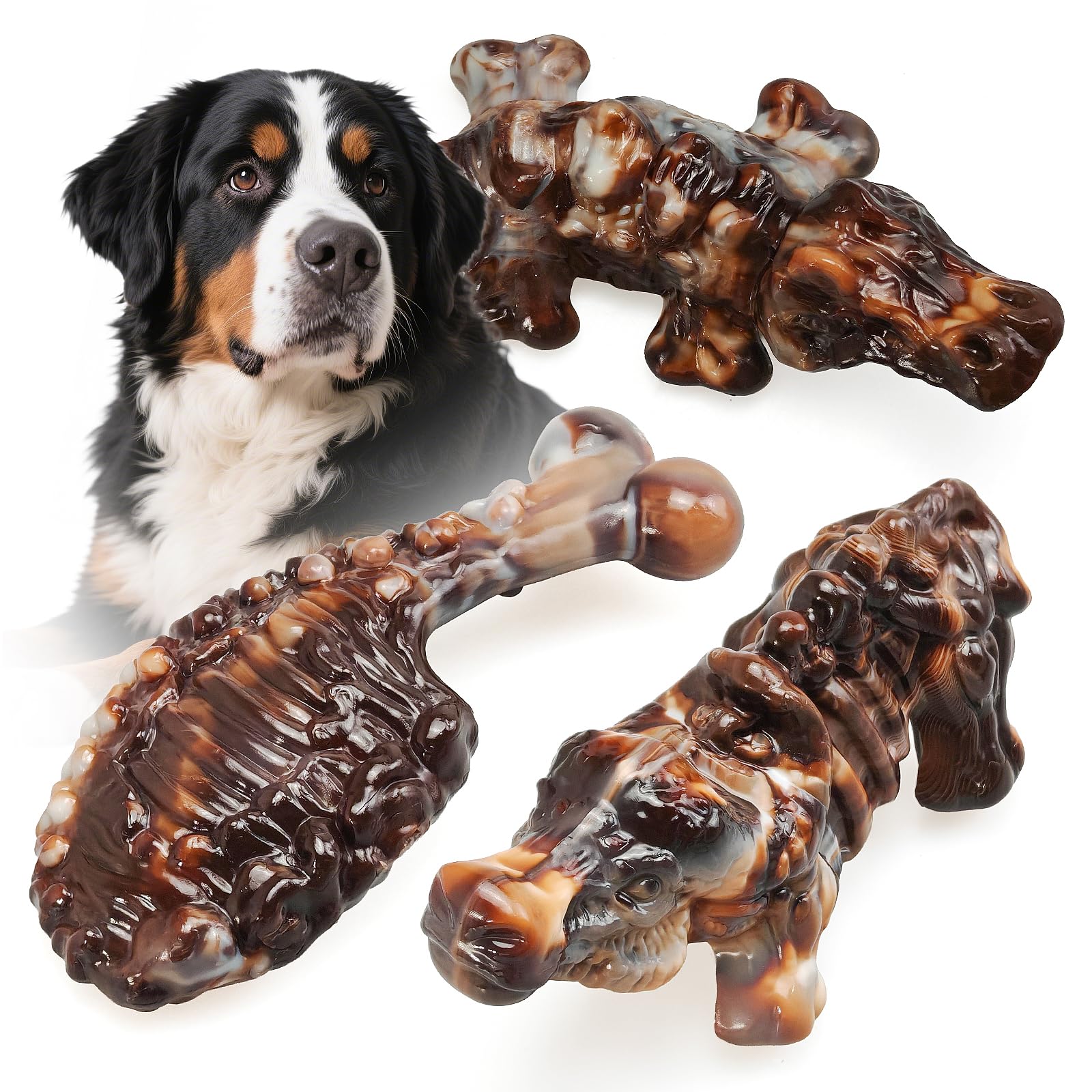 Large Dog Chew Toys for Aggressive Chewers,3 Tough Dog Toys for Medium and Large Breed, Real Bacon Flavored Best Dog Toys to Keep Them Busy, Reduce Boredom, Dog Bones for Teeth Cleaning (Brown)