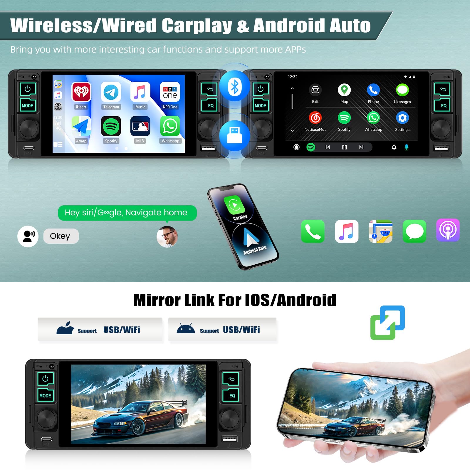 1 Din Autoradio mit 5.1 Zoll Bildschirm mit Wireless Carplay Android Auto, Bluetooth 5.2 Freisprecheinrichtung HD Display Radio mit Mirror Link USB/AUX FM Radio SWC EQ +MIC