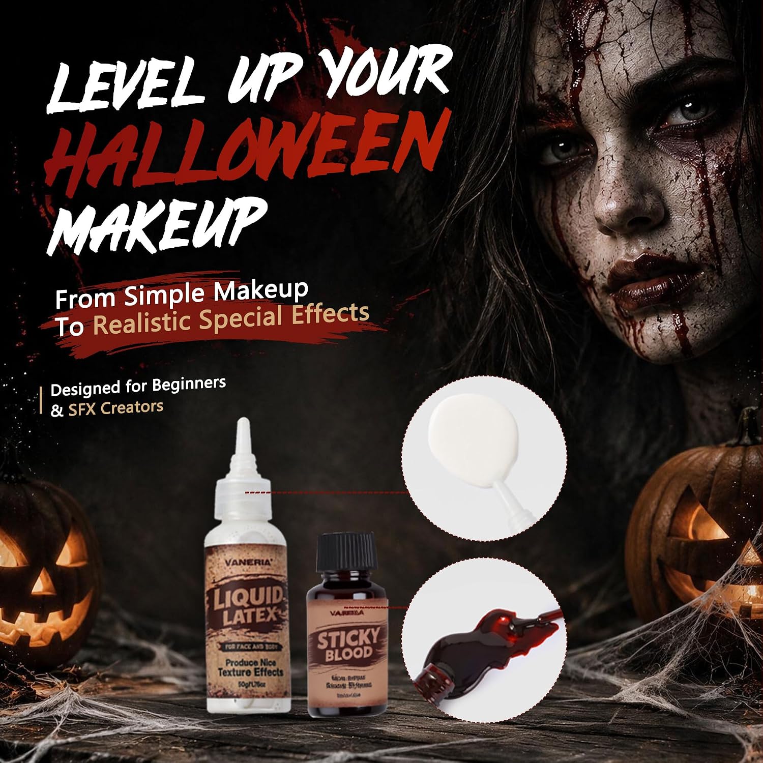 Kit de Maquillaje con Látex Líquido SFX, Maquillaje de Efectos Especiales para Halloween c - Mise en situation et utilisation