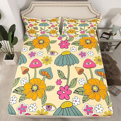 Miniatura 2 de Juego de sábanas retro floral de los años 70, tamaño individual, juego de ropa de cama de flores hippie con 1 sábana encimera y 1 sábana bajera,