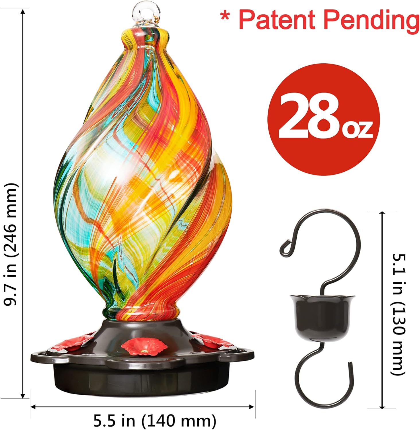 LUJII Ice Cream Shaped Spiral Hummingbird Feeder for Outdoors Hanging, Hand Blown Glass, 28 fl.oz, Leak Proof & Rustproof, Includes an Ant Moat, Unique Garden, Outside & Backyard Decor (Ribbon) - Image 6