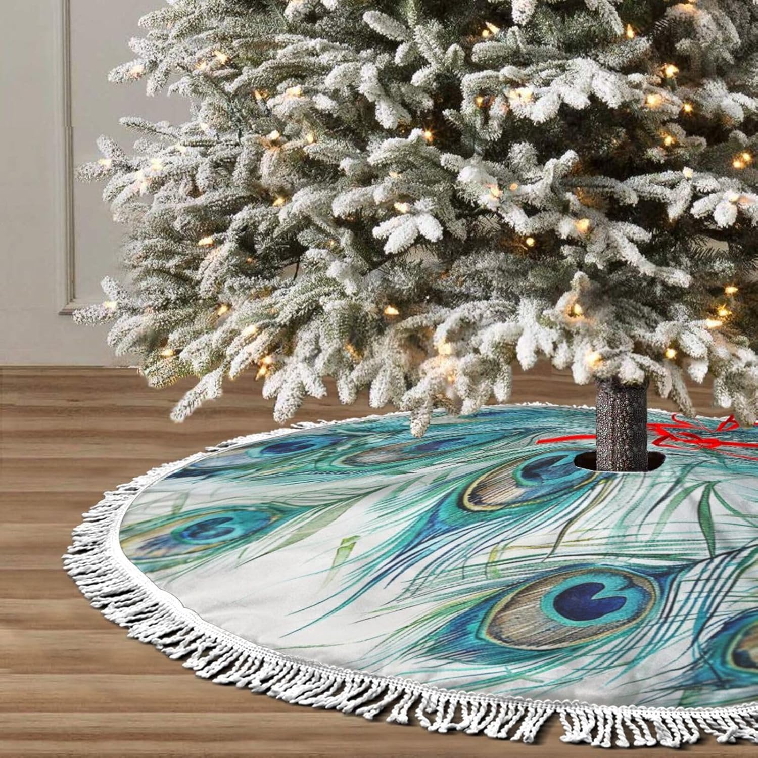 Cute Peacock Feathers Christmas Tree Skirt 48 Inch with Tassel Christmas Decorations Indoor