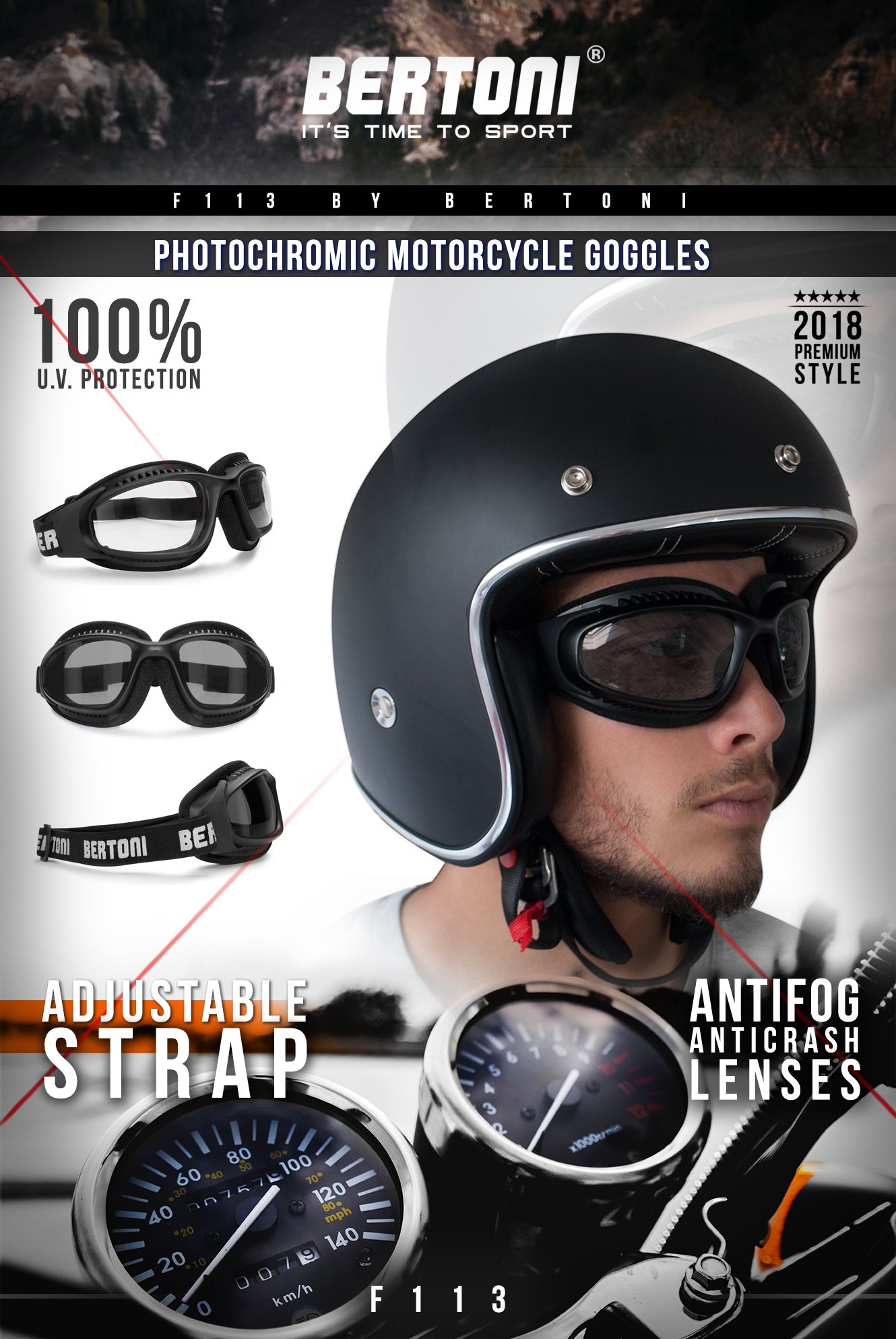BERTONI AF113 wiatroszczelne gogle motocyklowe z Outriggers, ochrona przed zaparowaniem, ochrona przed promieniowaniem UV, regulowane, elastyczne, do kasku motocyklowego