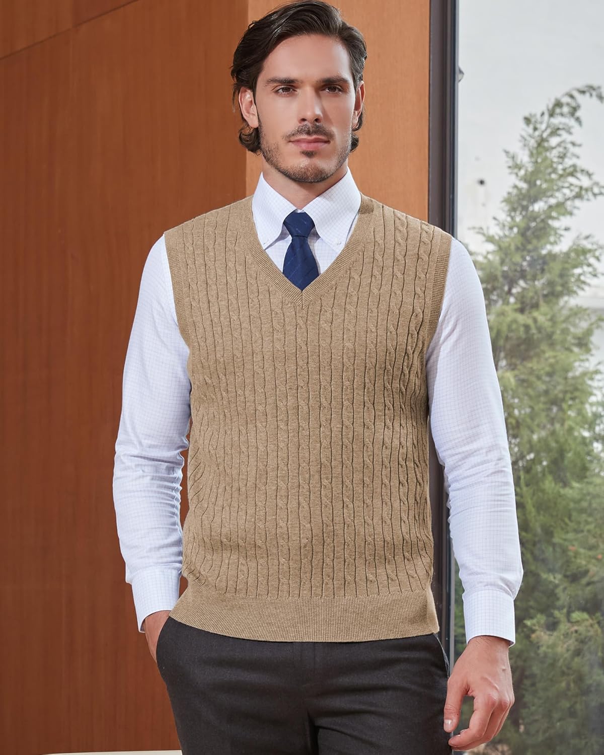 Kallspin Men’s Wool Blended Cable Knit Sweater Vest V Neck Relaxed Fit Sleeveless Pullovers - Image 2