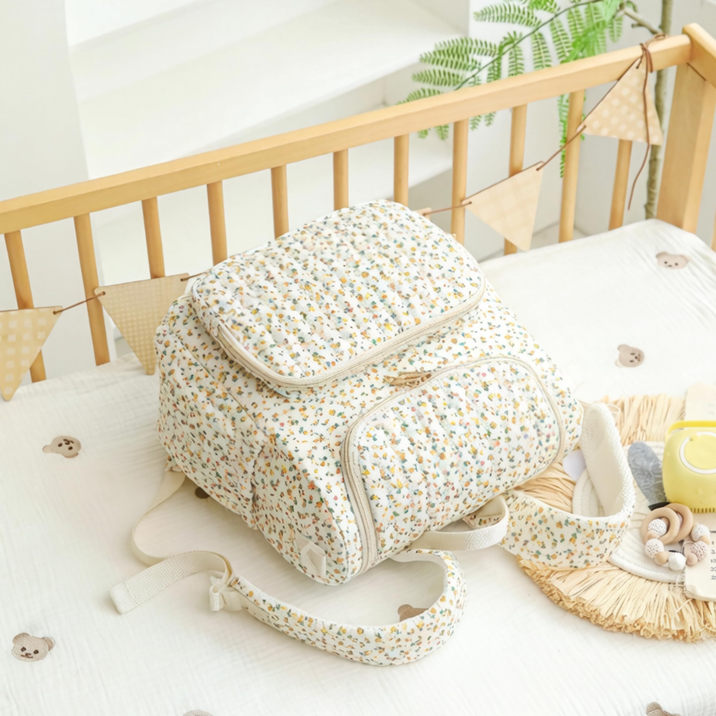 Bolsa de pañales acolchada, mochila de pañales floral, mochila espaciosa para mamá con múltiples bolsillos, mochilas florales
