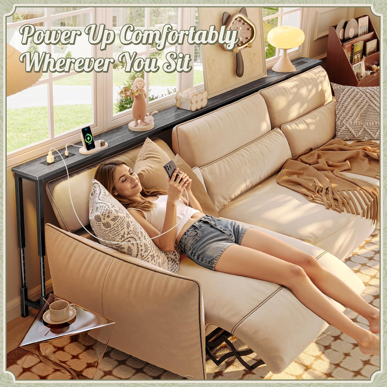 Huuger 102.4 Inch Sofa Table with Power Outlets, 23.9’’-34.4’’ Height Adjustable Range, Behind Couch Table with USB-C Ports, Sofa Tables Narrow Long, Skinny Console Table, for Small Spaces, Grey