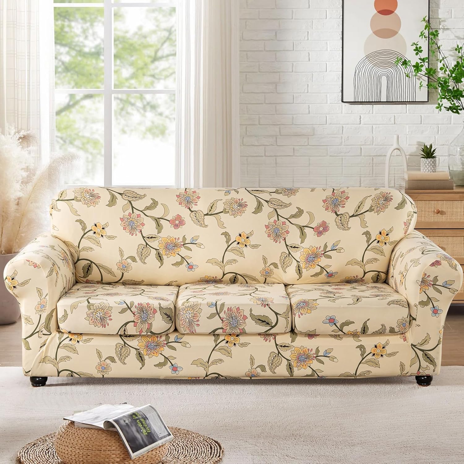 Lamberia Printed Sofa Cover for 3 Cushion Couch High Stretch Sofa Slipcovers 4 Piece Sofa Slipcover with Three Separate Cushion Covers Elastic Bottom Floral Pattern (Blooming Flower, Sofa)