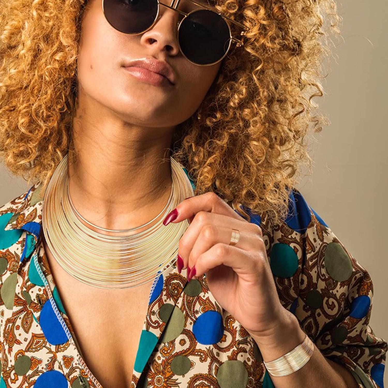 ORAZIO Bib Choker Statement Necklaces for Women Cuff Bracelet Open Hoop Stud Earrings Ring African Chunky Costume Jewelry Set - Image 6