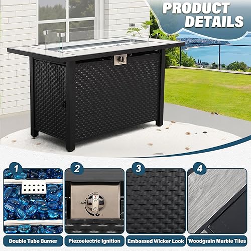 Miniatura 8 de Juego de 7 muebles de mimbre para patio, juego de sofá de conversación seccional de ratán PE para exteriores con mesa para fogata, cojines