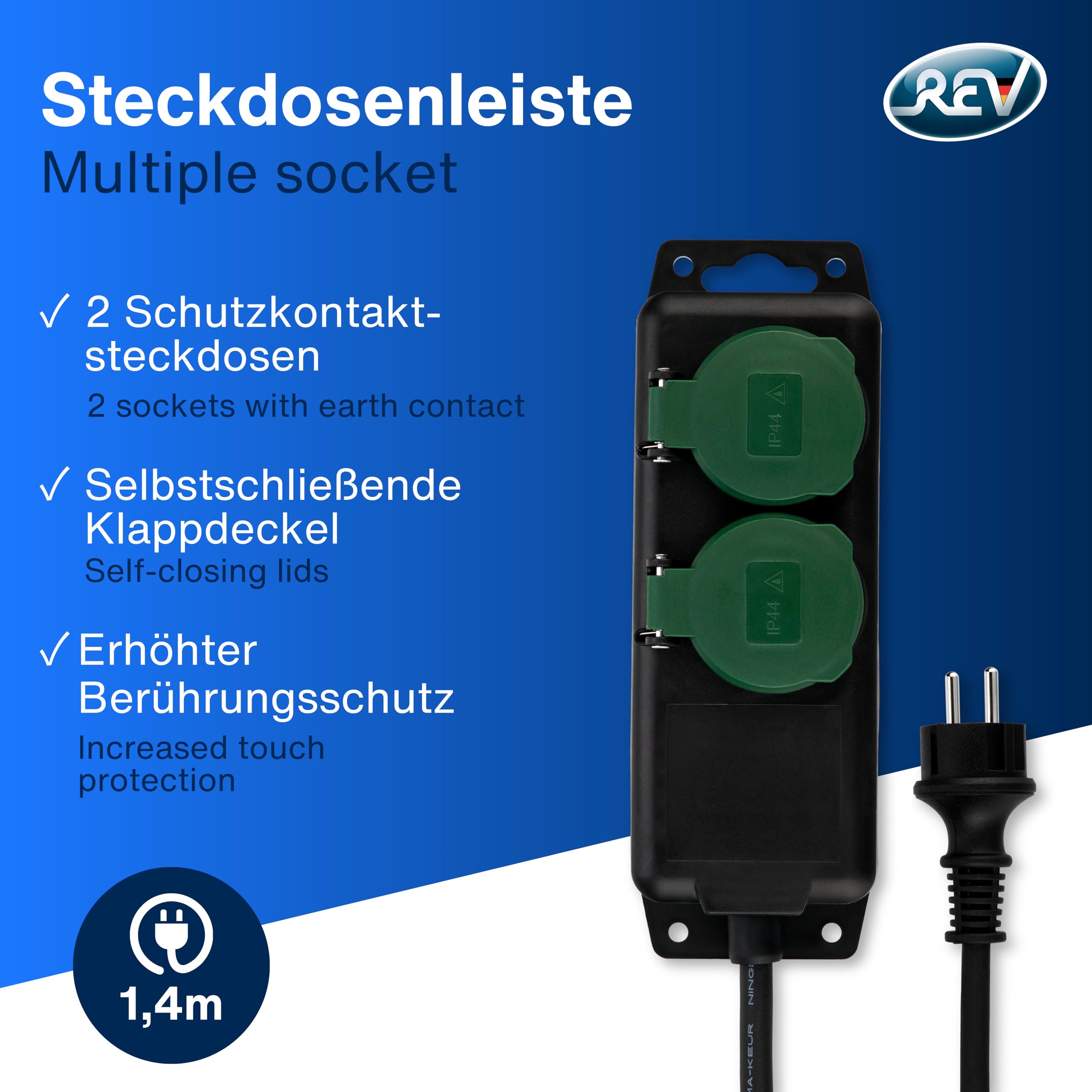 REV Listwa zasilająca z 2 gniazdami, IP44, idealna do ogrodu i na taras, kabel 1,4 m, maks. 3680 W, czarno-zielona