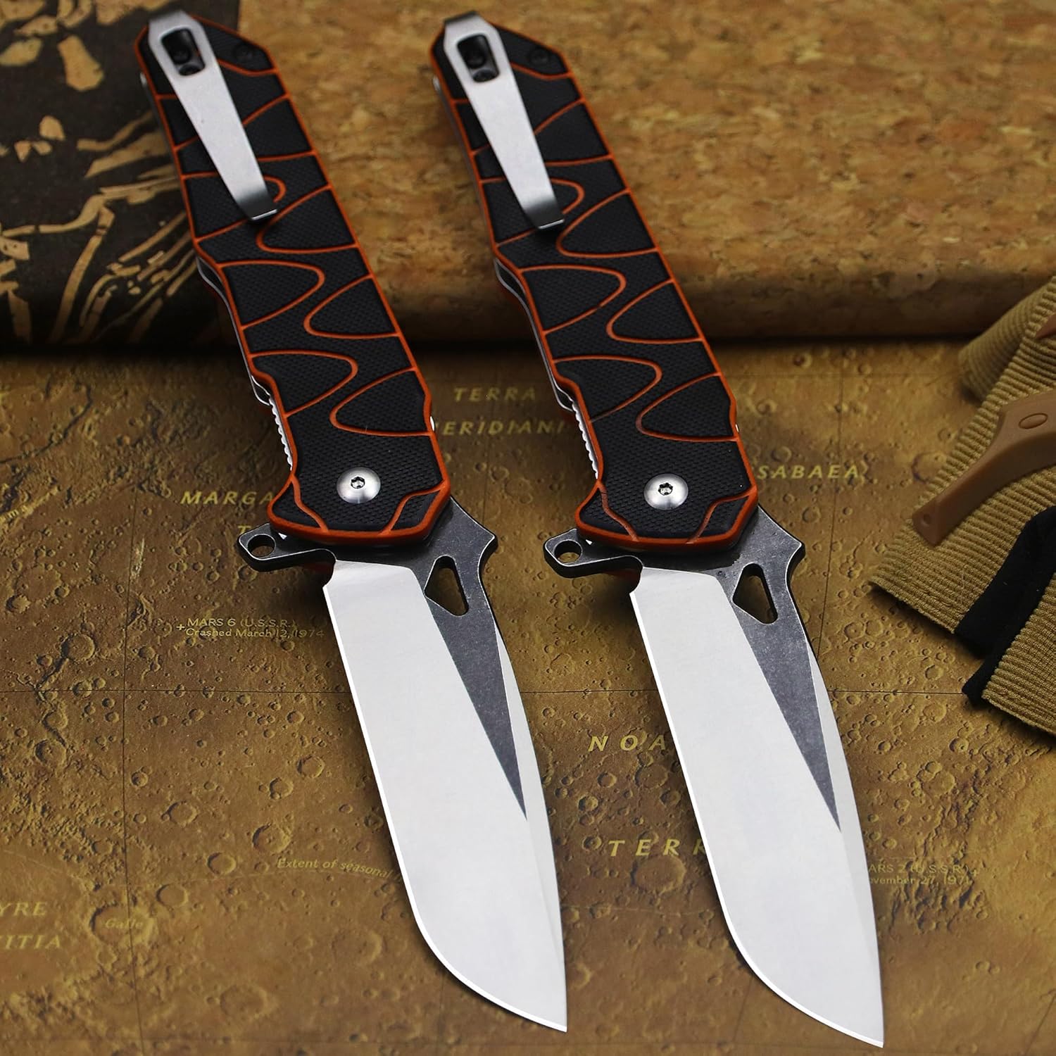 WPKOPYA 8.4in Folding Knife AUS-8 Steel Blade, G10 Handle with Anti-Slip Texture, Ball Bearing Pivot, Stonewashed Finish, EDC Pocket Knife for Camping, Hiking, Survival (AUS-8 (G10 black/orange))
