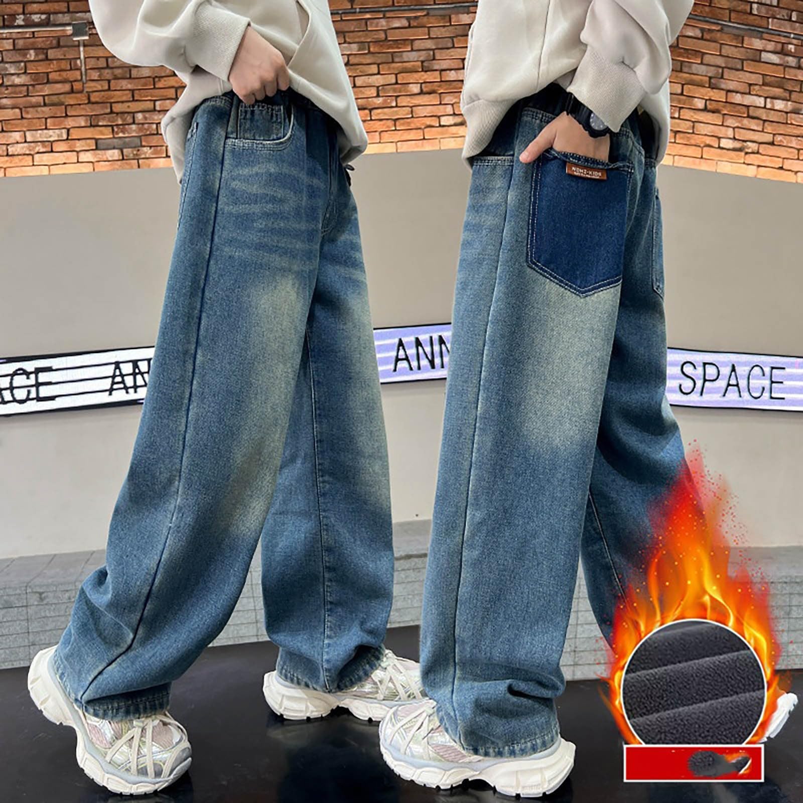 Genérico Vaqueros Niño 4-12 Años Baggy Polar Pantalon Vaquero Adolescentes Chico Elasticos Rectos Moda Y2K Streetwear Jeans Pantalones Vaqueros Cargo Denim Loose Grueso Invierno 2026