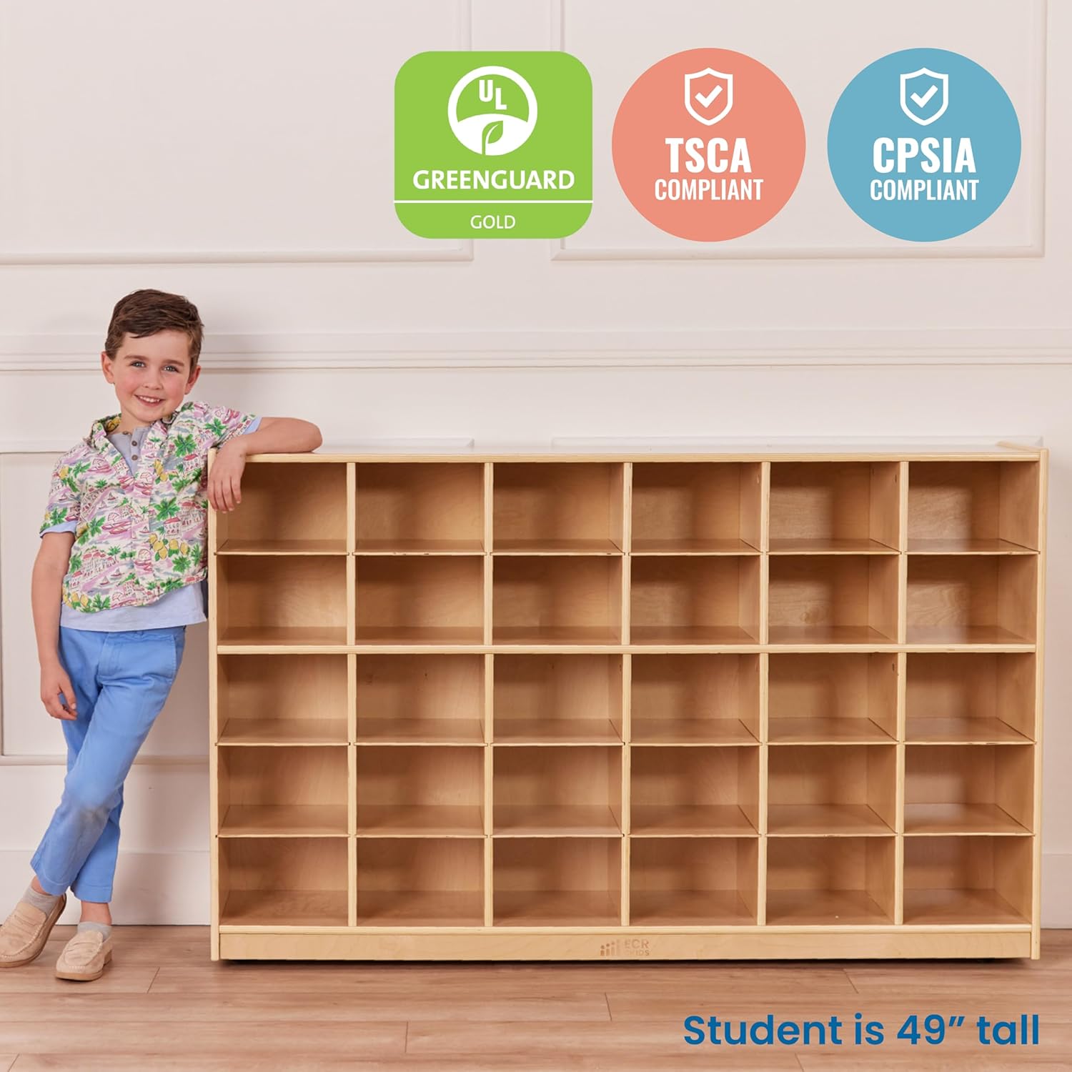 ECR4Kids 30 Cubby Mobile Tray Storage Cabinet, 5x6, Classroom Furniture, Natural