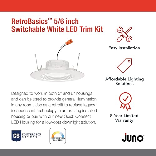 Miniatura 2 de Juno RB56 SWW5 MW M6 RetroBasics - Kit de molduras de luz descendente, LED blanco conmutable, moldura deflectora, CCT conmutable, 2700K, 3000K,
