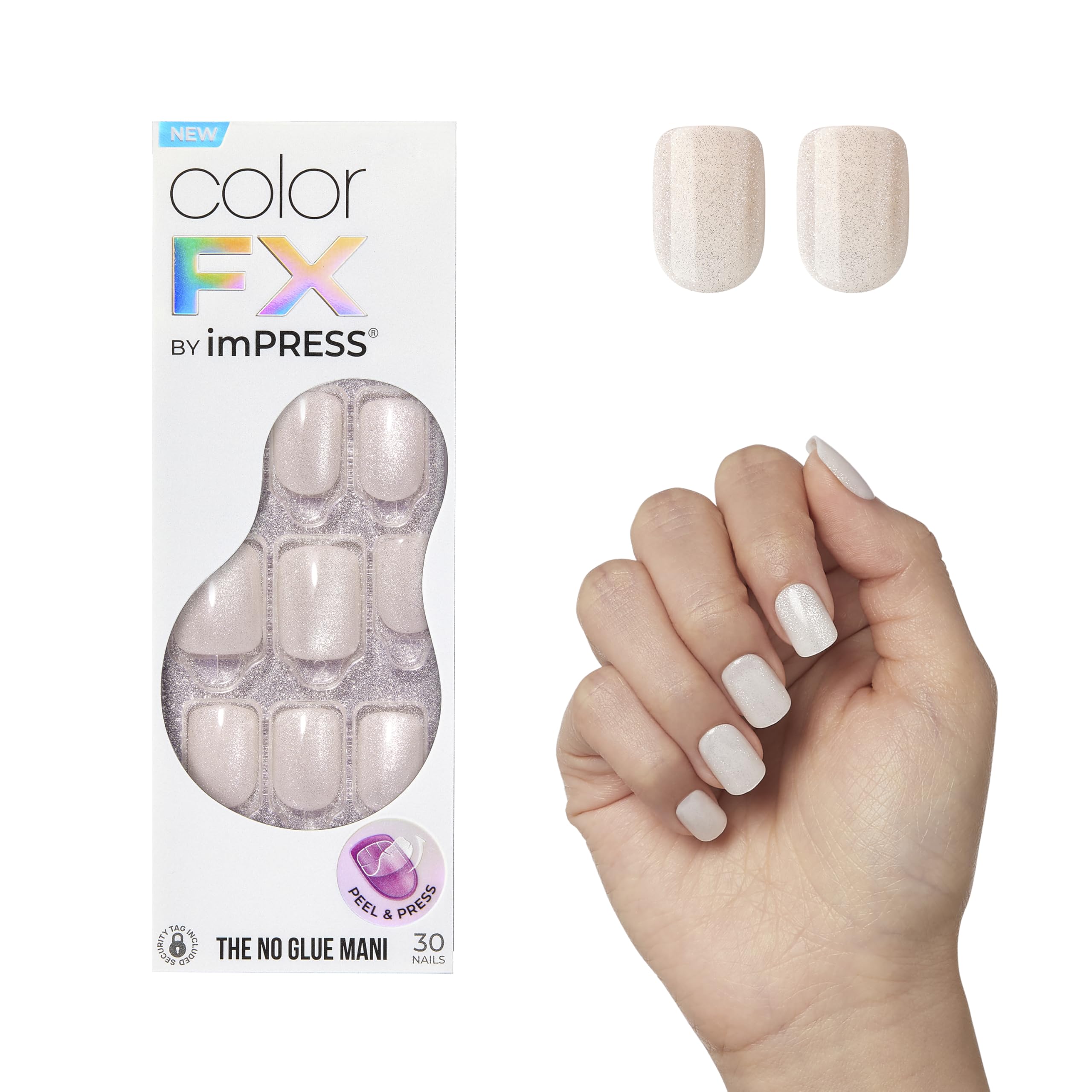 KISS imPRESS No Glue Mani Press-On Nails, Color FX, 'Rebel', Light White, Short Size, Squoval Shape, Includes 30 Nails, Prep Pad, Instructions Sheet, 1 Manicure Stick, 1 Mini File