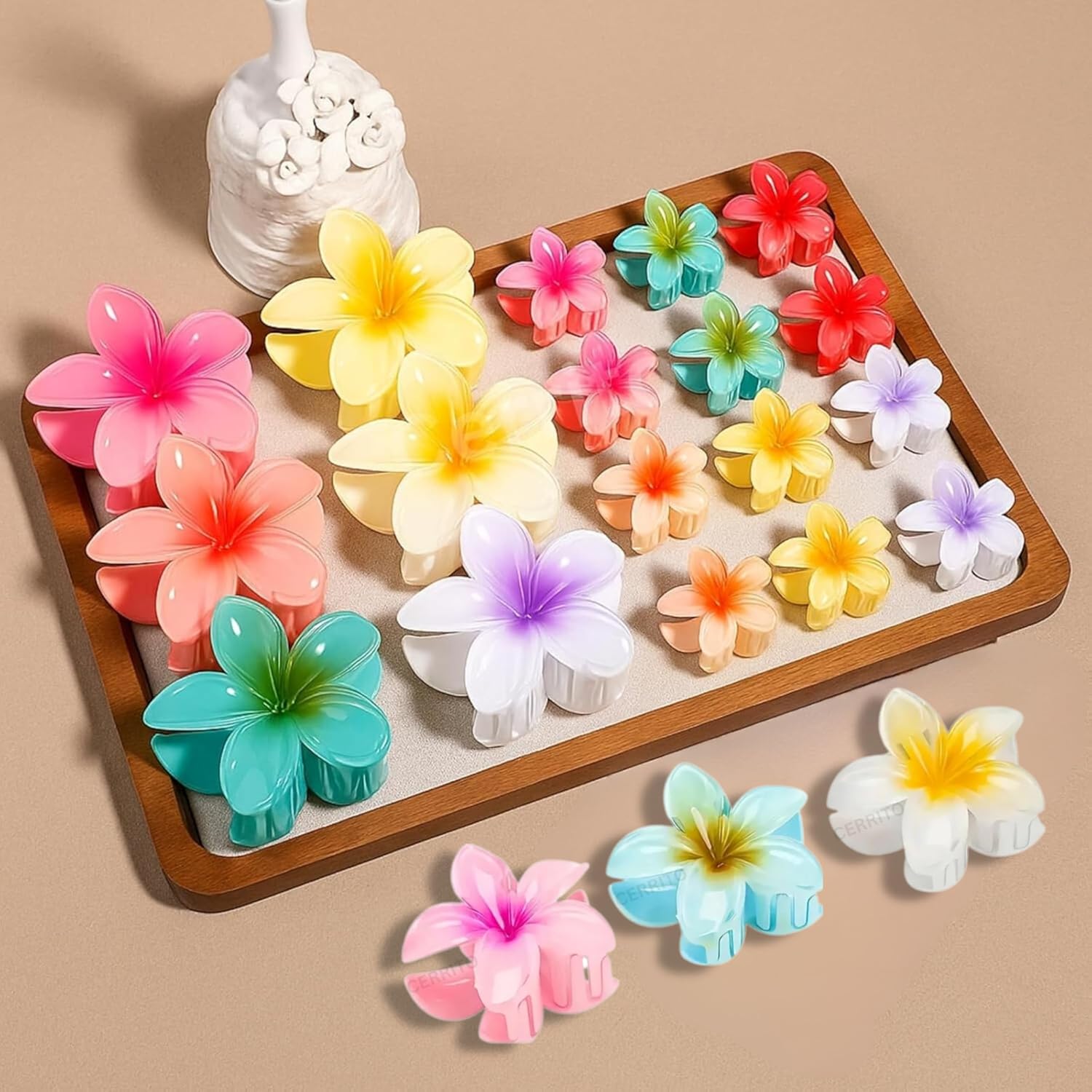 Cerrito 9 Pcs Flower Hair Claw Clips – Hawaiian Plumeria, Large NonSlip Clutchers for Hair, Strong Hold Hair Accessories For Thick or Thin Hair, Beach, Everyday Use (Multi-Size, Multicolor)