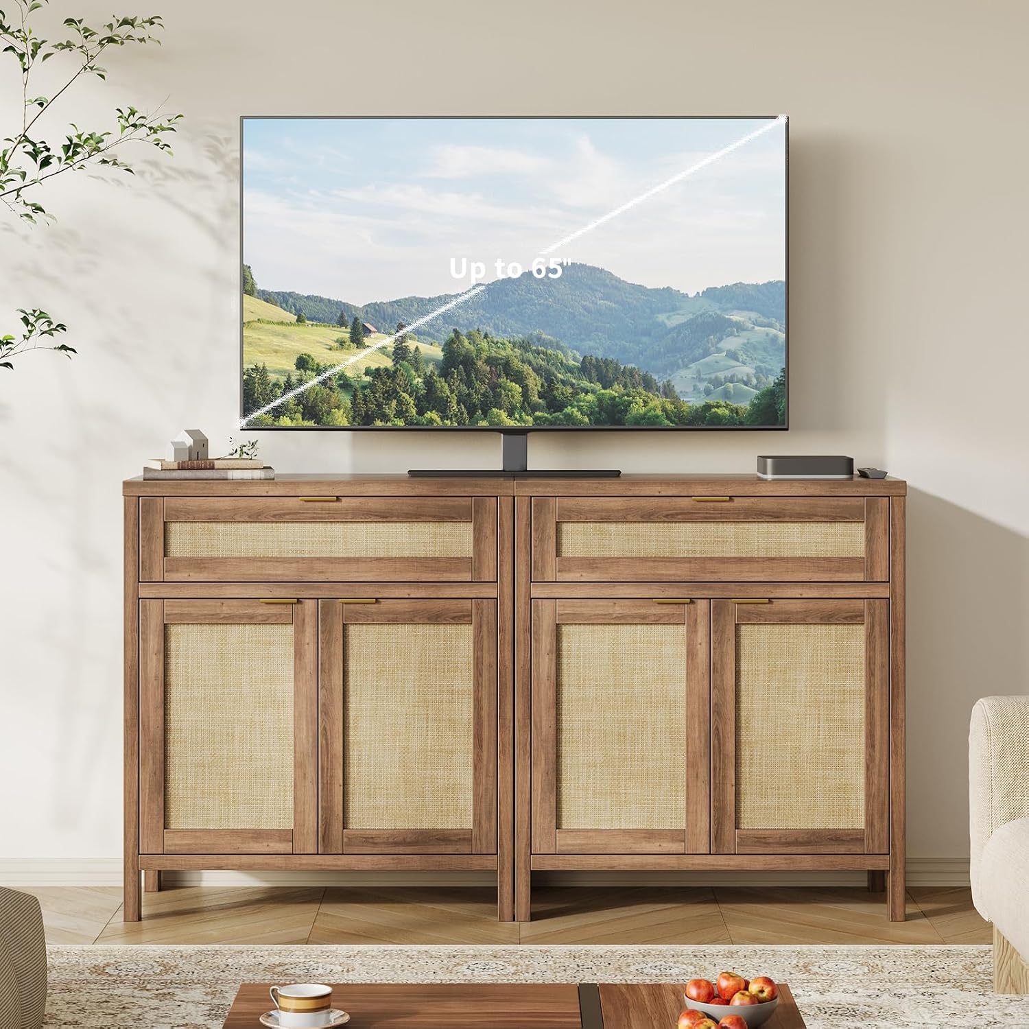 Yanosaku 30" Rattan Buffet Cabinet Set of 2, Boho Kitchen Sideboard with Drawer & Adjustable Shelf, Modern Sideboard Storage Console for Kitchen, Entryway, Walnut