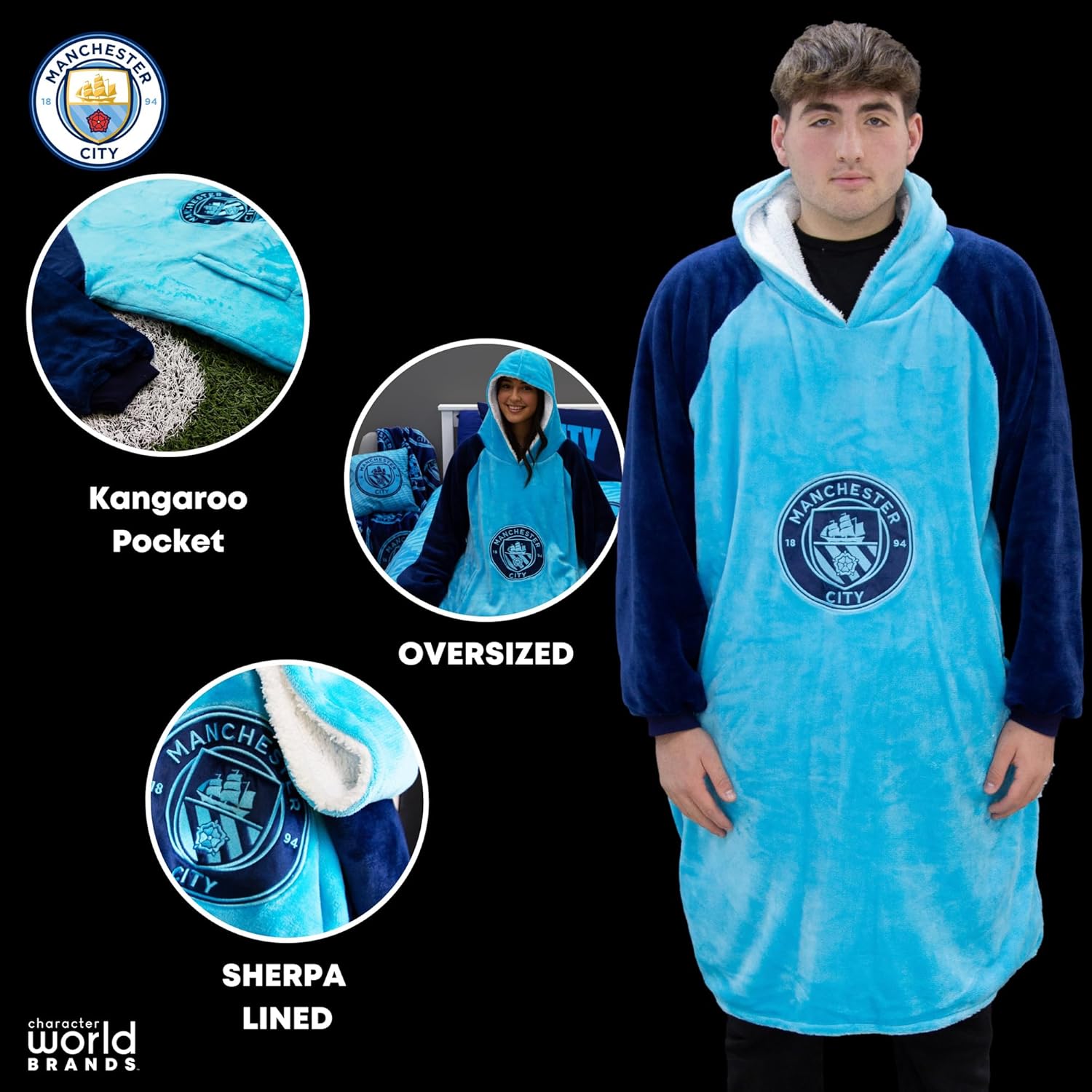 MANCHESTER CITY FC Oversized Wearable Hooded Fleece Super Warm and Cosy Premium Sherpa Lined, Manchester City Design