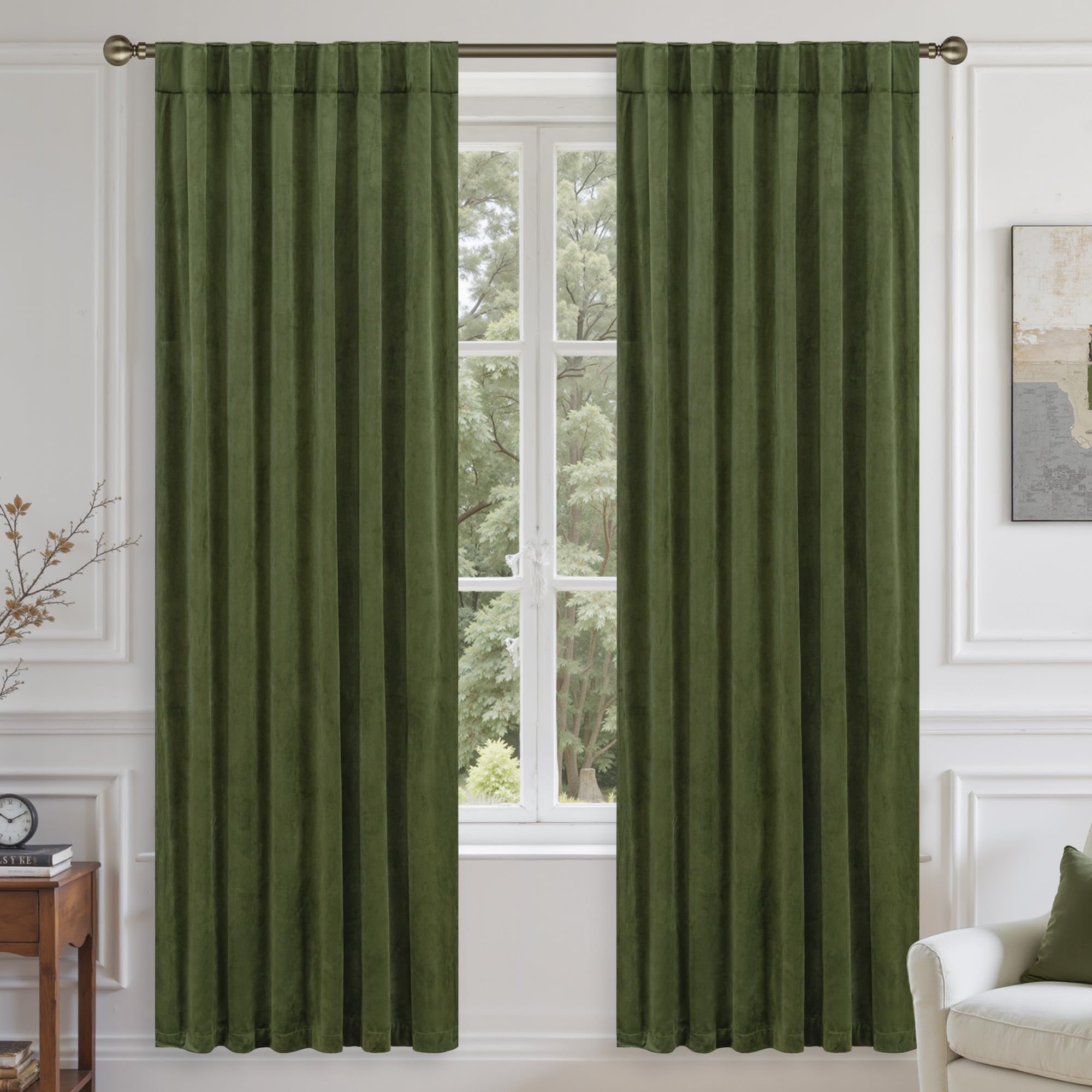 LAMIT Sage Green Velvet Curtains 80 Inch for Living Room, Thick Blackout Thermal Insulated Panels Room Darkening Country Decor Back Tab and Rod Pocket Drapes for Bedroom, 2 Panels, 52 x 80 Inch
