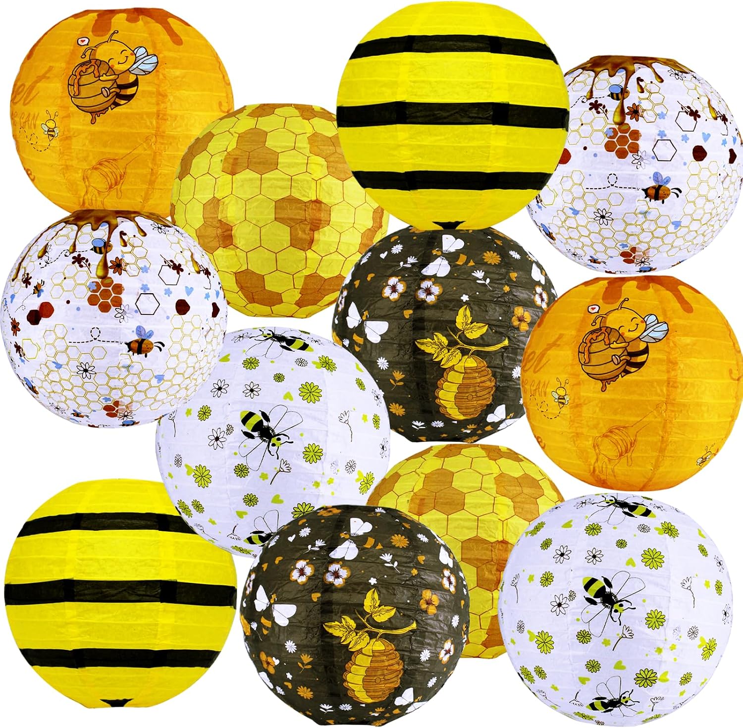 12 PCS Bee Party Decorations, 8 Inch Hanging Bee Paper Lanterns,Tissue Bee Decorations for Party Holiday Birthday Indoor Outdoor Supplies
