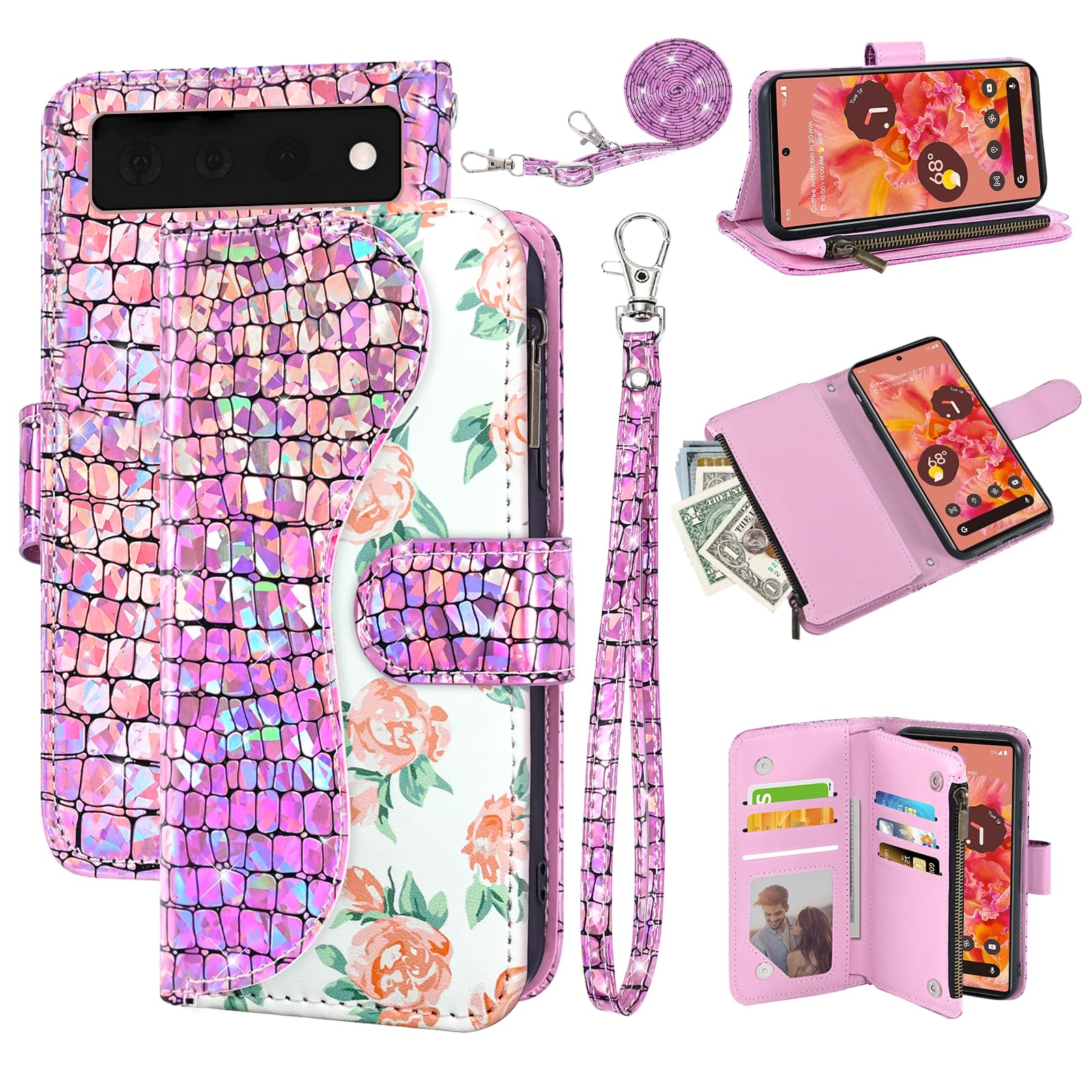 Dibosom Floral Wallet Case for Google Pixel 6 with Wrist Strap Shoulder Strap Flip Zipper Purse Card Holder, Luxury PU Leather Stand Sparkly Glitter