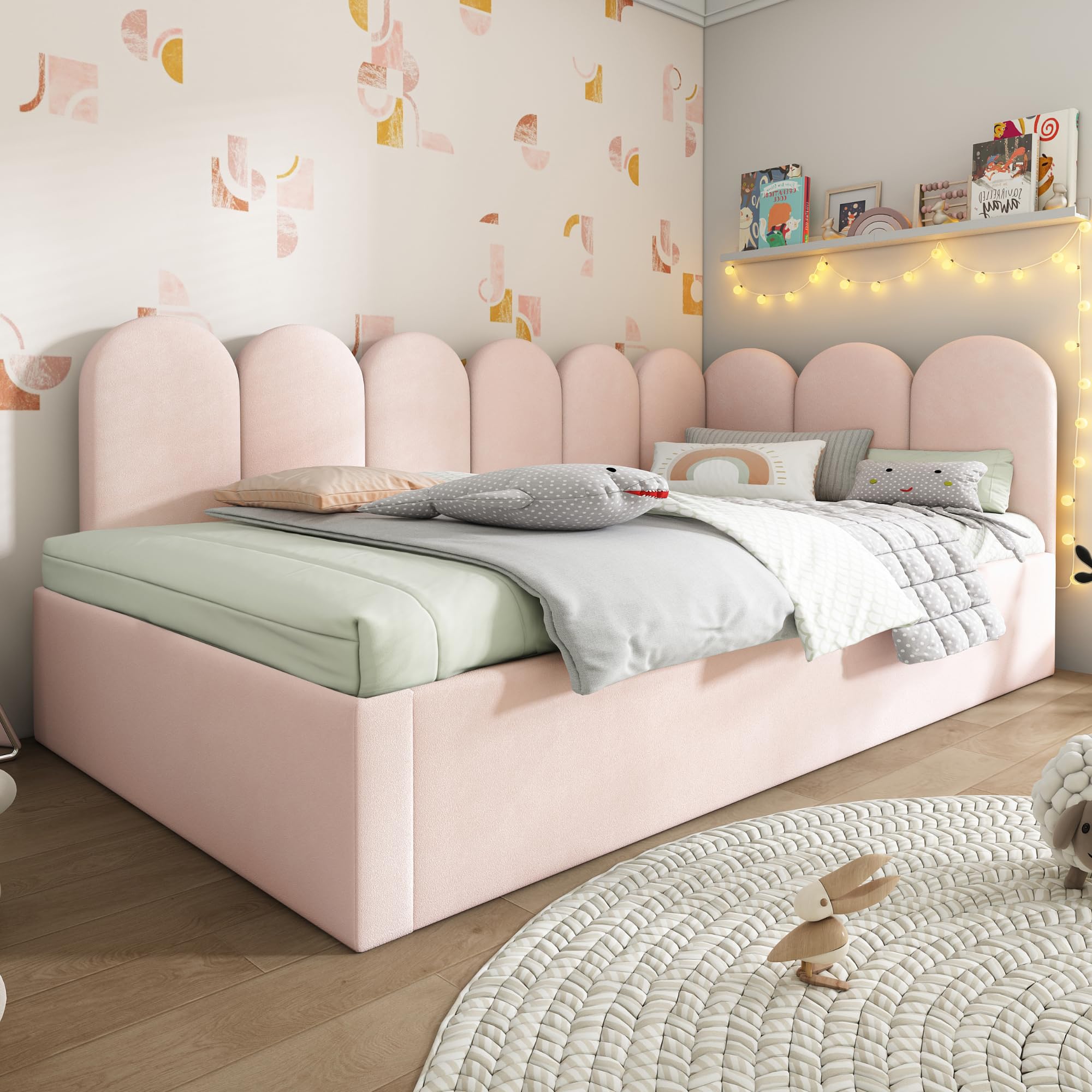 Ball & Cast 3FT Single Sofa Bed 90X190cm,Upholstered Bed Daybed With Pull-Out Bed, Guest Beds For Adults and Children, Bed With Metal Slatted Frame, Velvet, Pink (No Mattress) ﻿