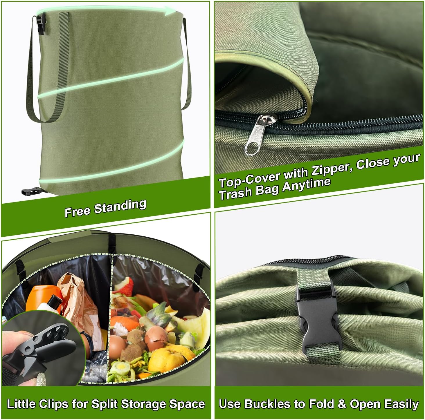 2-Pack 24-Gallon Collapsible Pop-Up Trash Cans – Durable 600D Oxford Cloth Waste Bags for Camping, RV, and Gardening (Green)