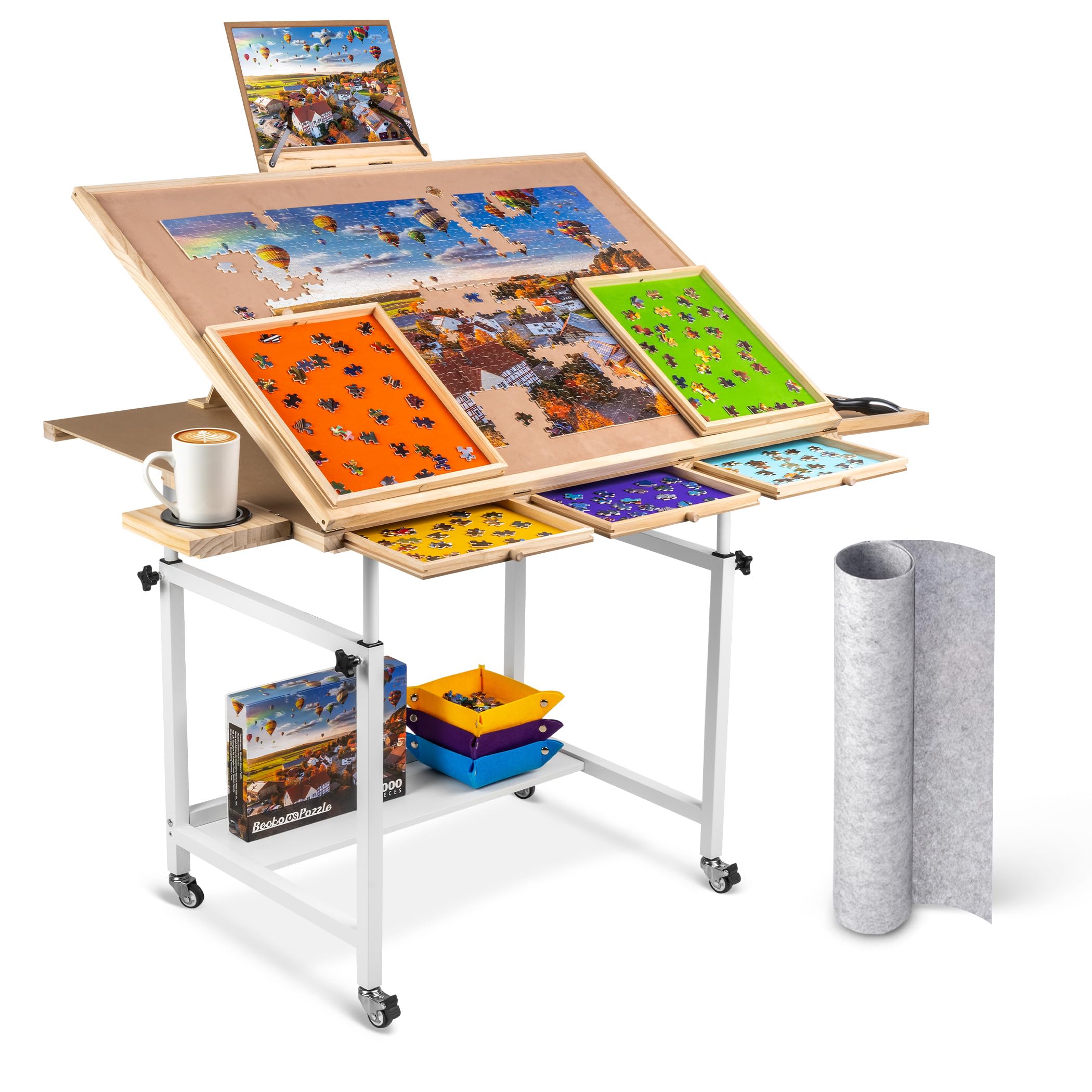 Becko US 1500 Piece Puzzle Table with 5 Drawers & Cover, Tilting Puzzle Board on Wheels with 3 Tilt Angles & Height Adjustments, with Cup Holder & Puzzle Box Holder, for 1500 Pieces Jigsaw Puzzles