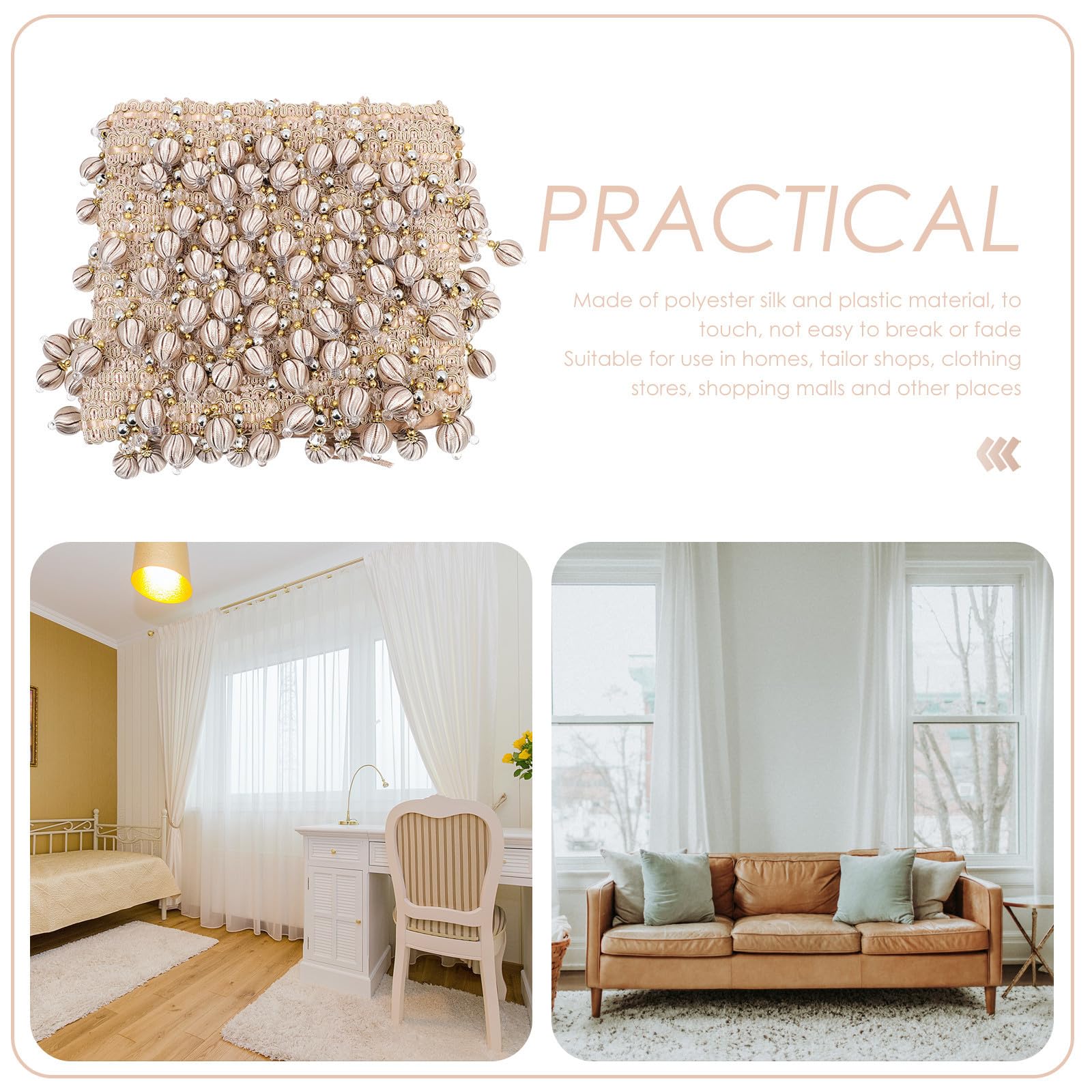 Bordure à Franges de Rideaux Perles Beige Accessoire de Rideau Salon Polyester Frange Pompon Décorative pour DIY Fourniture Rideau et Décoration Maison