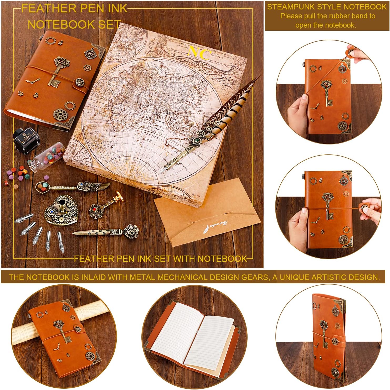 NC Feather Pen Ink Set, Includes Quill Pen, Notebook, 5 Replaceable Nibs, Stamp, Spoon, Wax Beads, White Wax, Ink, Pen Holder, Cup, Envelope, Letter Paper