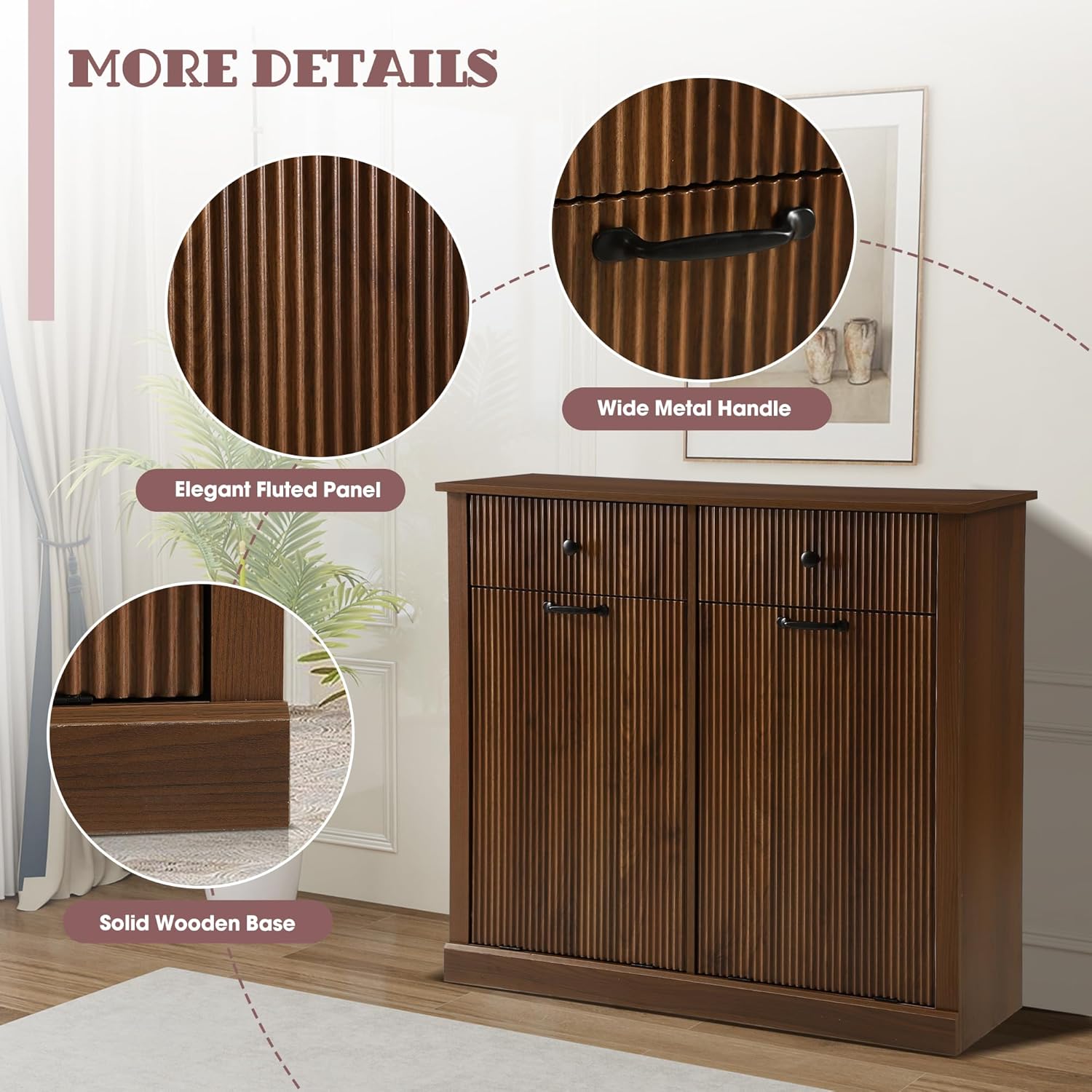 Double Tilt Out Laundry Hamper Cabinet, Modern Fluted Trash Can Cabinets with Drawer, Wooden 22 Gallon Hidden Garbage Cabinet for Kitchen and Bathroom (Brown, Full)