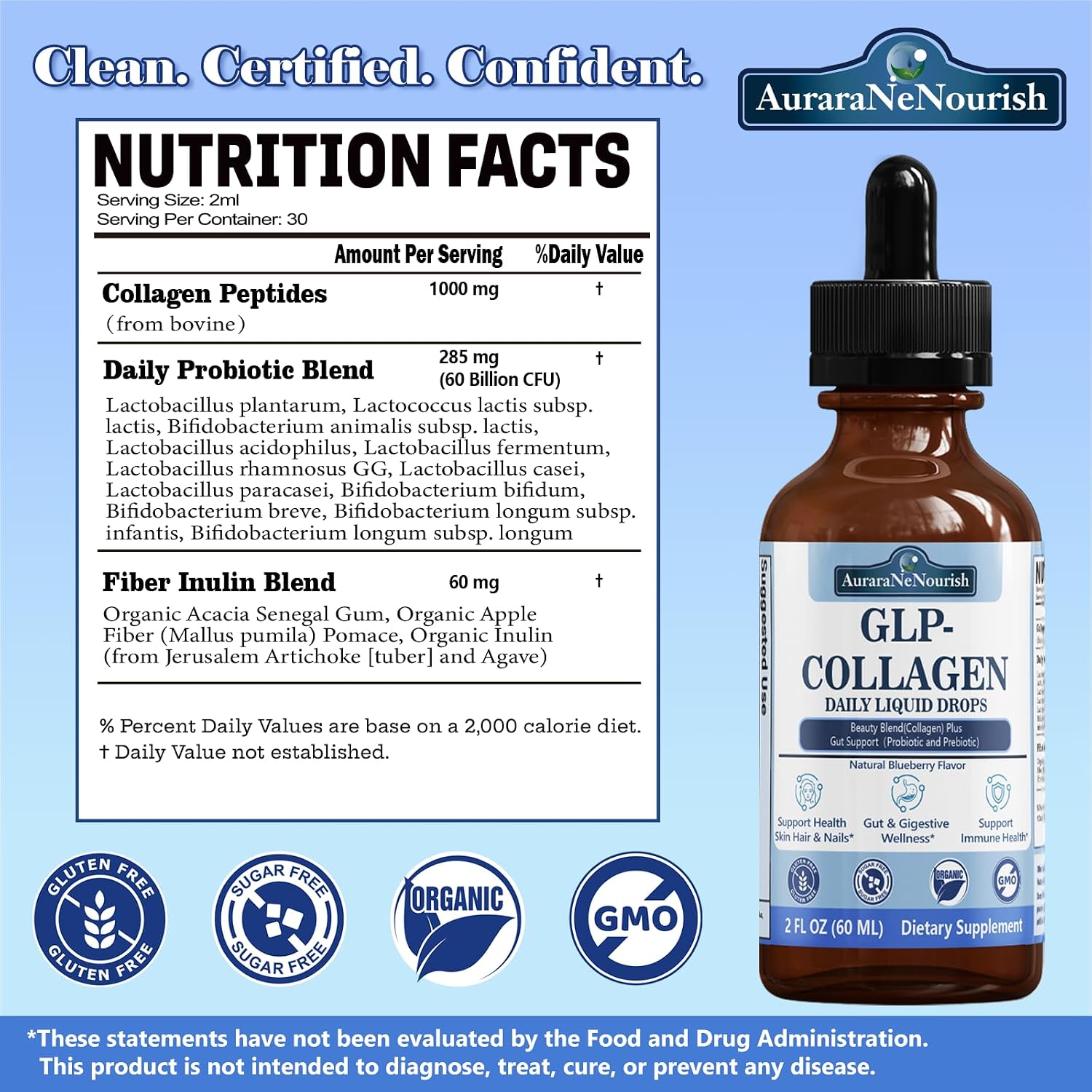 Liquid Collagen for Women & Men with Probiotic & Prebiotic, 3–in–1 Beauty Blend Plus Gut Support, Hydrolyzed Collagen Peptides Liquid for Skin Hair Nail Support & Digestive health, Collagen Burn Drops
