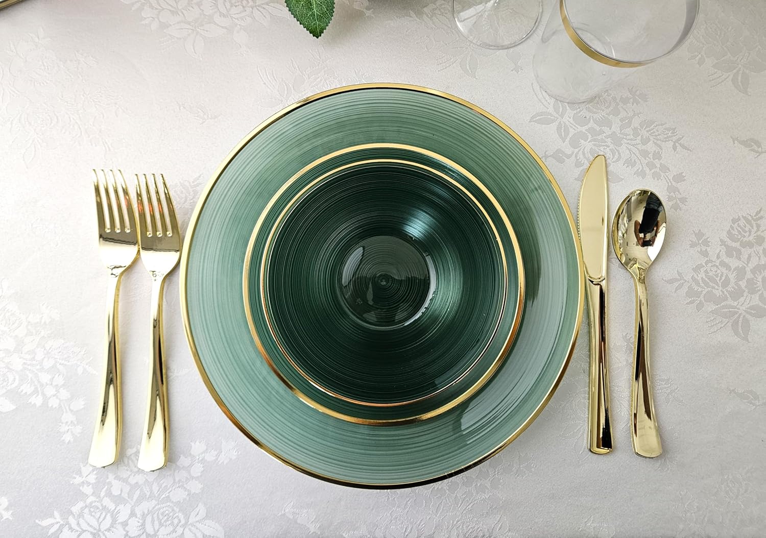 " OCCASIONS " 50 Plates Pack (25 Guests)-Wedding Party Disposable Plastic Plate Set -25 x 10'' Dinner + 25 x 7'' Salad & Dessert plates (Belize in Green & Gold) - Image 8